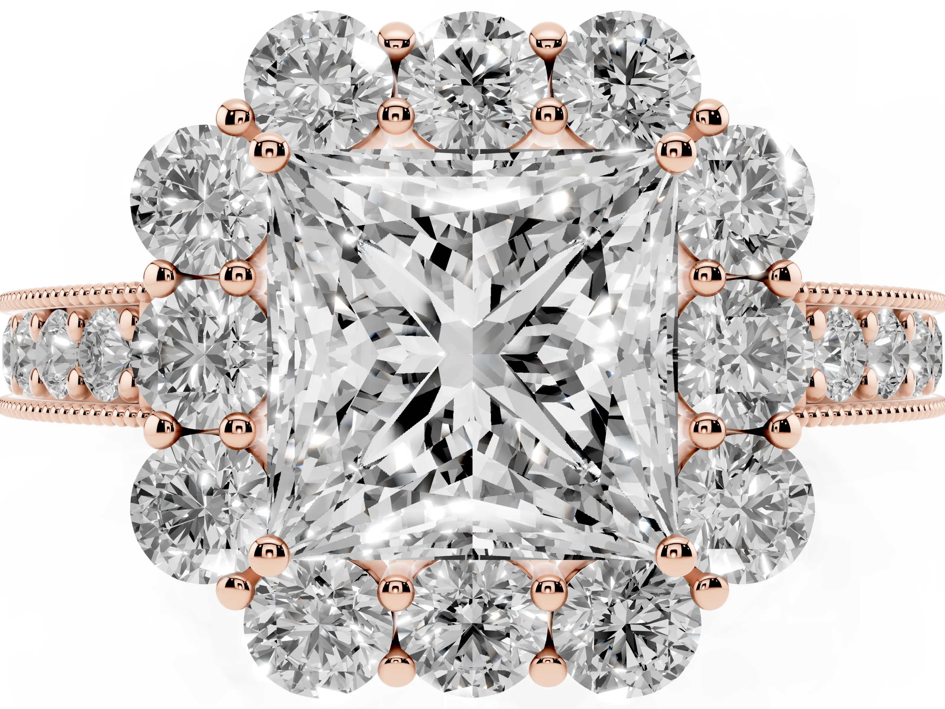Princess Cut Diamond Halo Pavé Engagement Ring Set in Rose gold with Milgrain Detailing