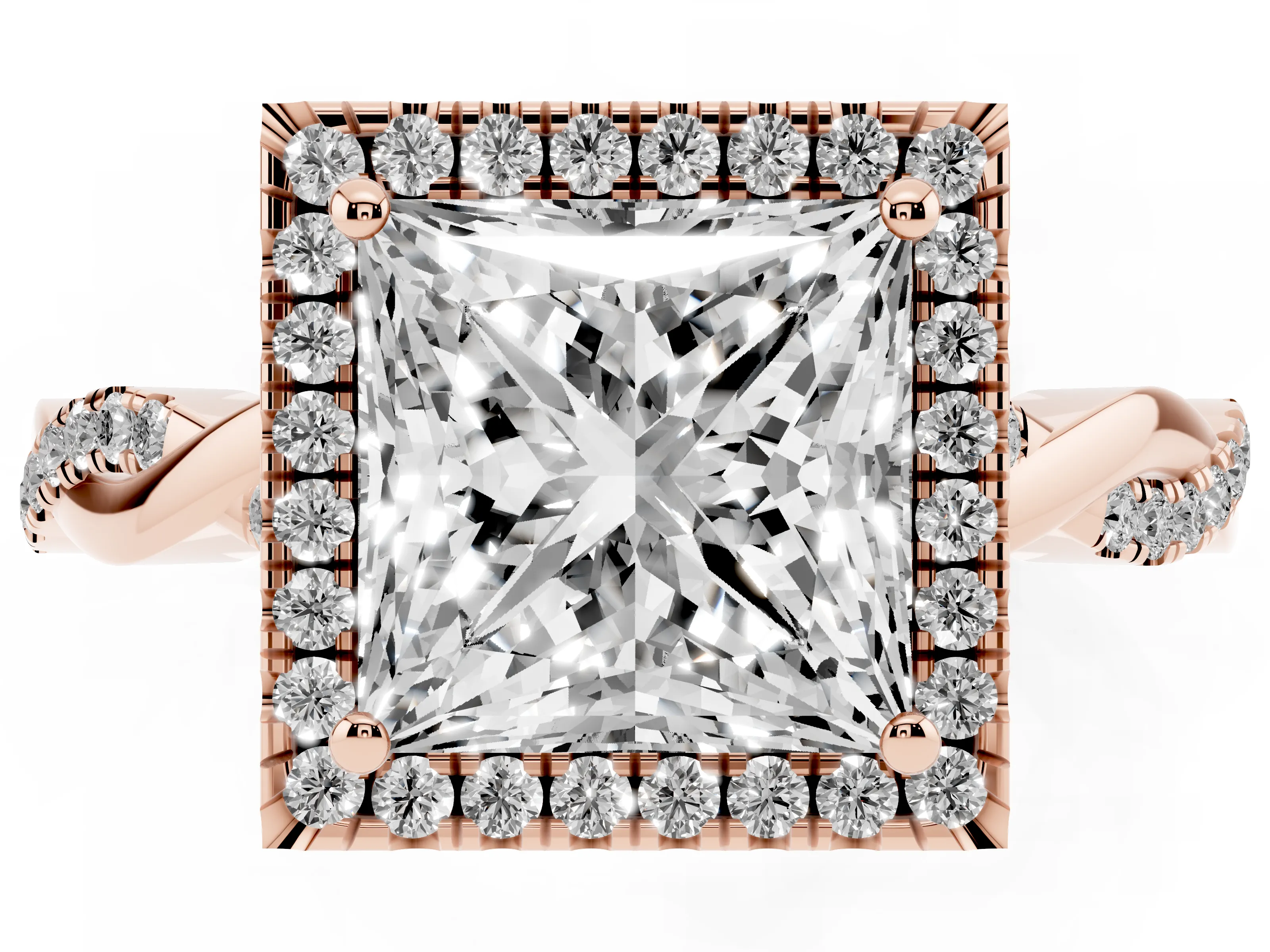 Princess Cut Diamond Halo Twisted Band Ring Set in Rose gold with Prong Setting