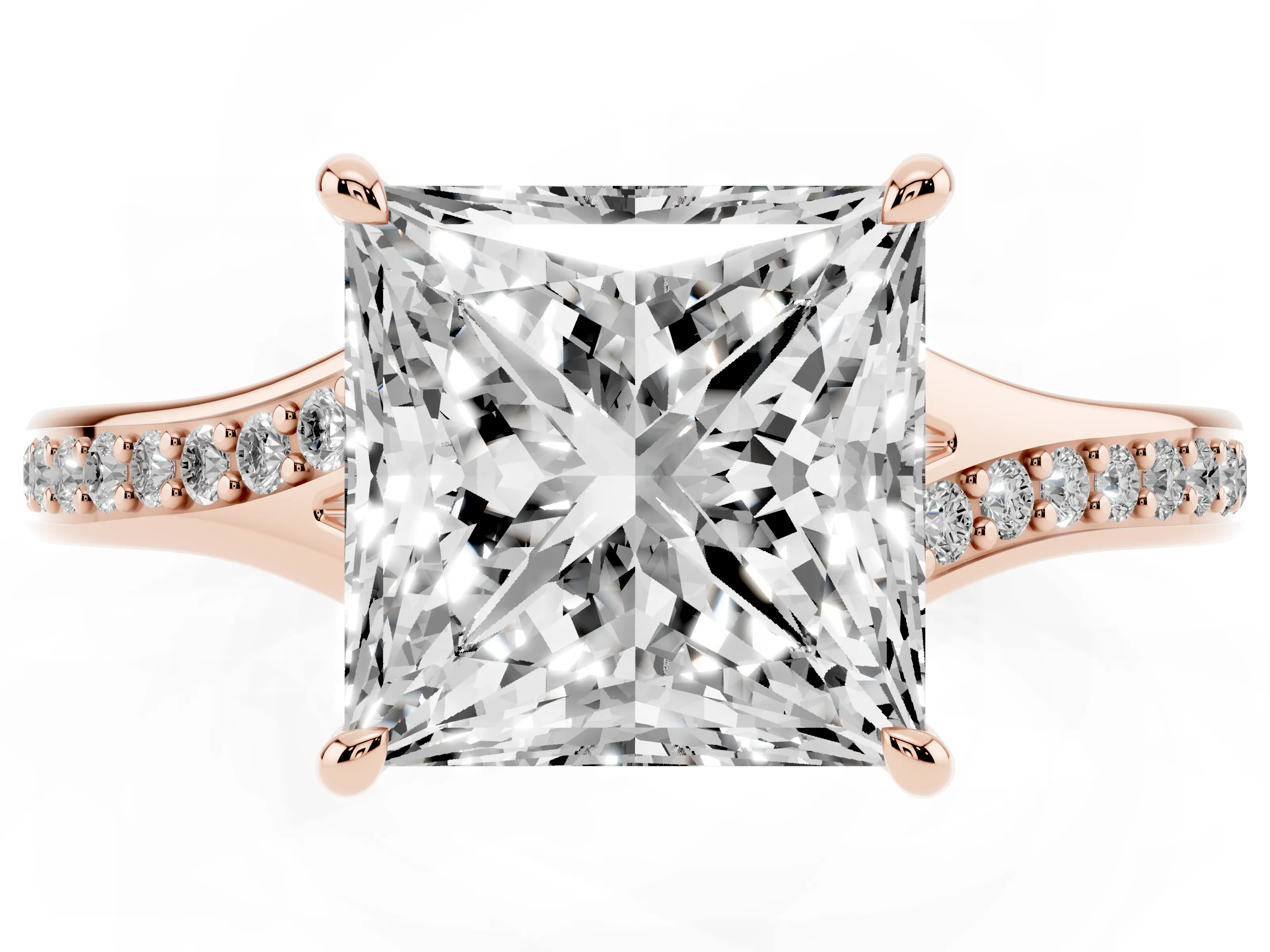 Princess Cut Diamond Solitaire Ring Set in Rose gold with Pavé Accent Band and Classic Prong Setting