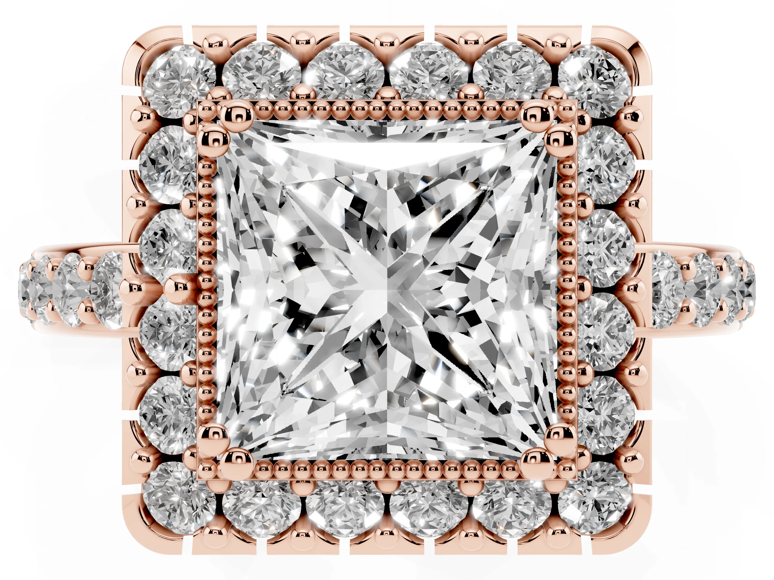 Princess Cut Diamond Halo Ring Set in Rose gold with Pavé Shank and Prong Setting