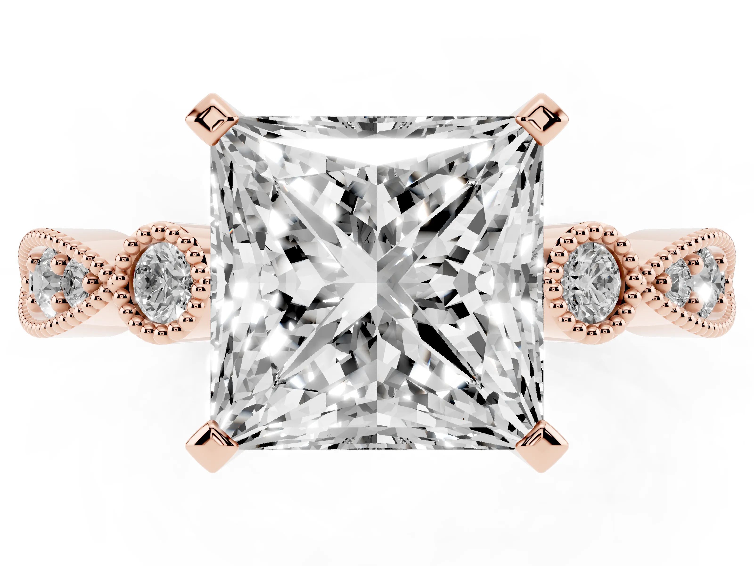 Princess Cut Diamond Solitaire Engagement Ring Set in Rose gold with Milgrain Bezel Accent Band