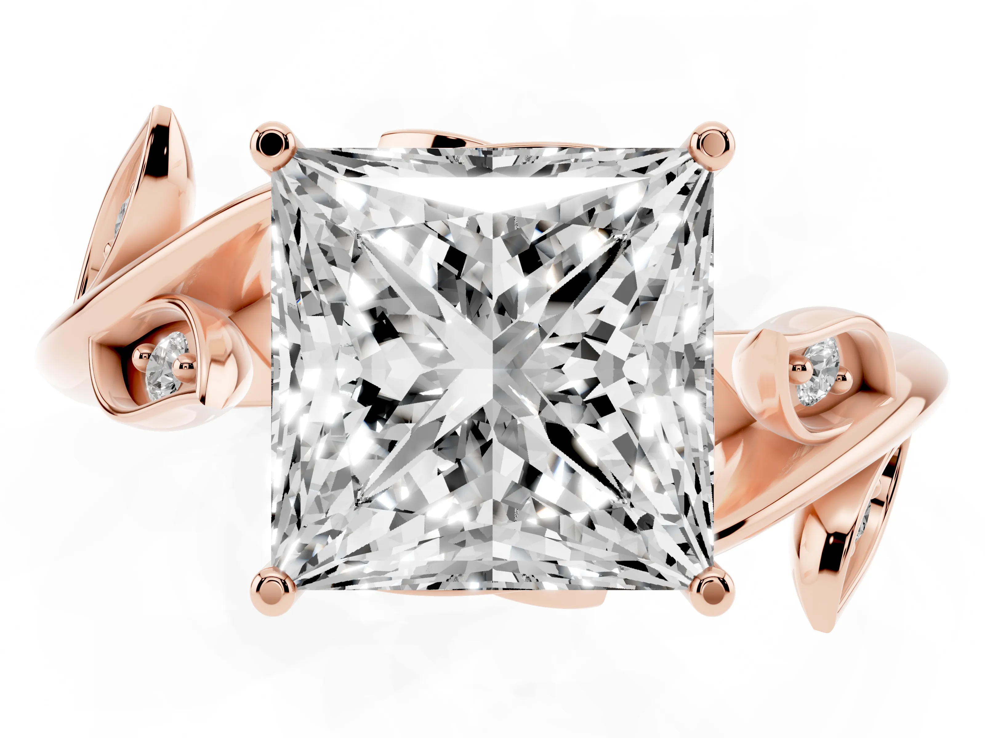 Princess Cut Diamond Solitaire Twist Engagement Ring Set in Rose gold with Pavé Leaf Accents