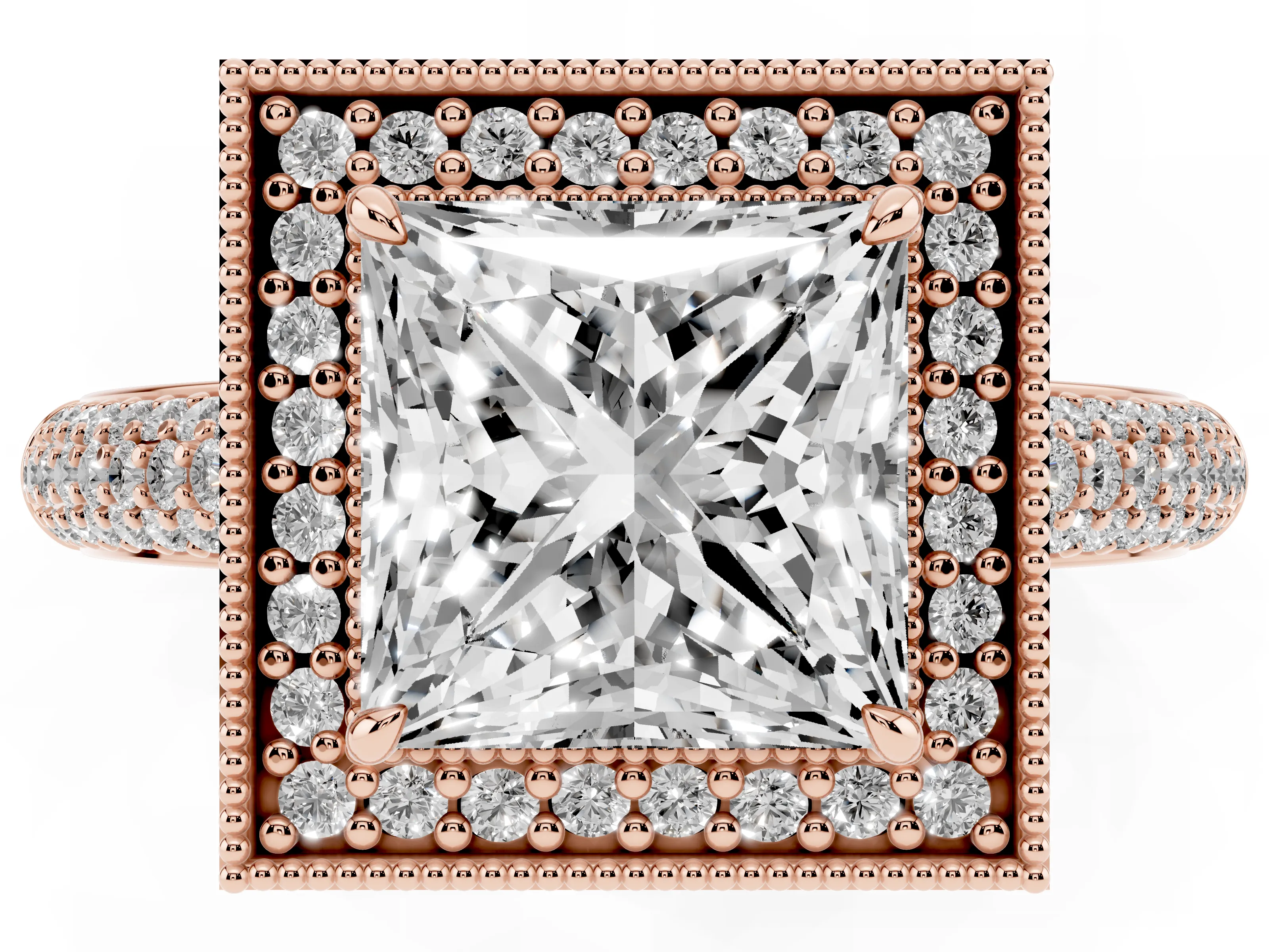 Princess Cut Diamond Halo Pavé Band Set in Rose gold with Prong Setting