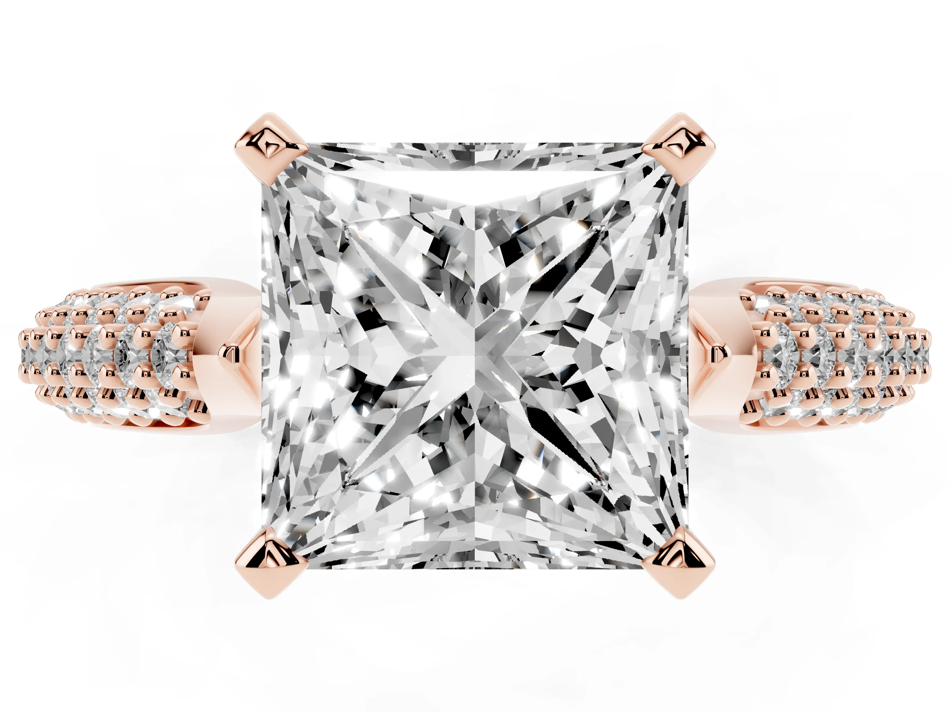 Princess Cut Diamond Solitaire Engagement Ring Set in Rose gold with Multi-Row Round Pavé Band and Prong Setting