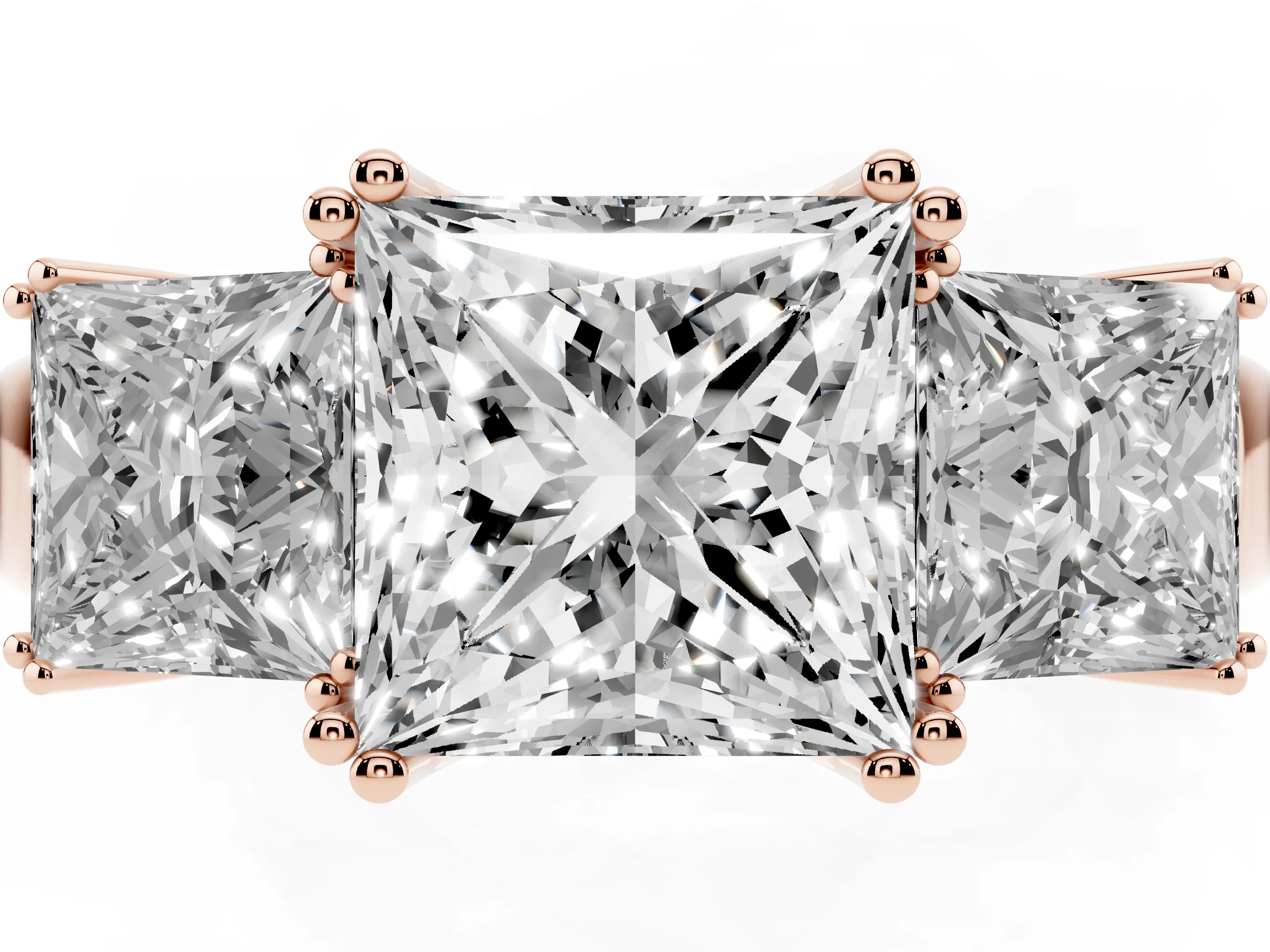 Princess Cut Diamond Three-Stone Ring Set in Rose gold with Polished Channel-Set Band