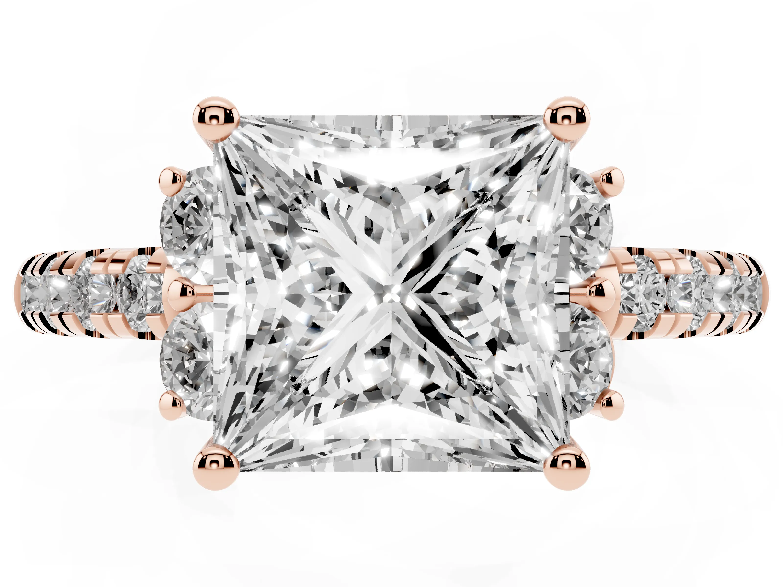Princess Cut Diamond Three-Stone Pavé Ring Set in Rose gold with Prong Setting