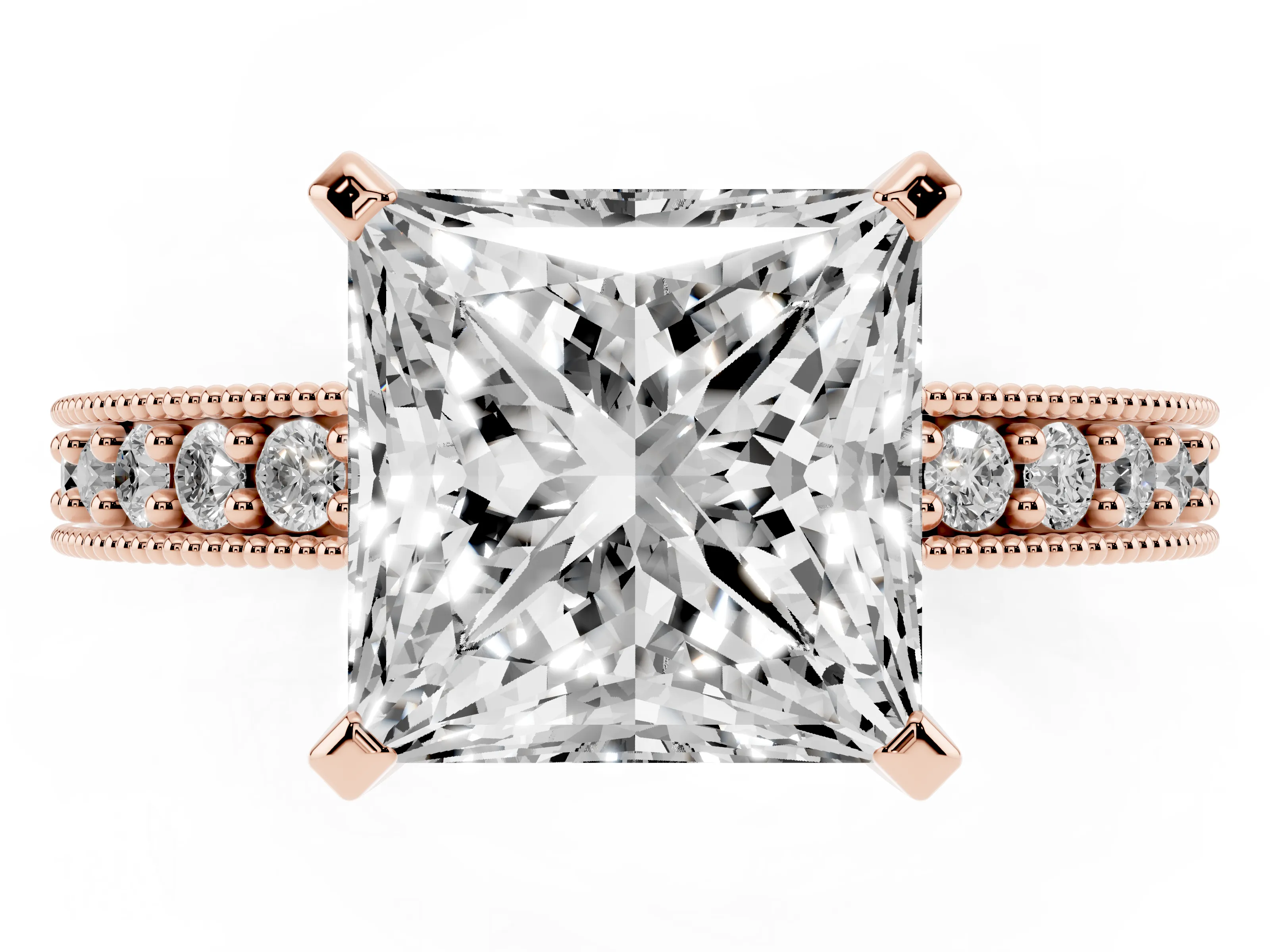 Princess Cut Diamond Milgrain Pavé Engagement Ring Set in Rose gold with Prong Setting