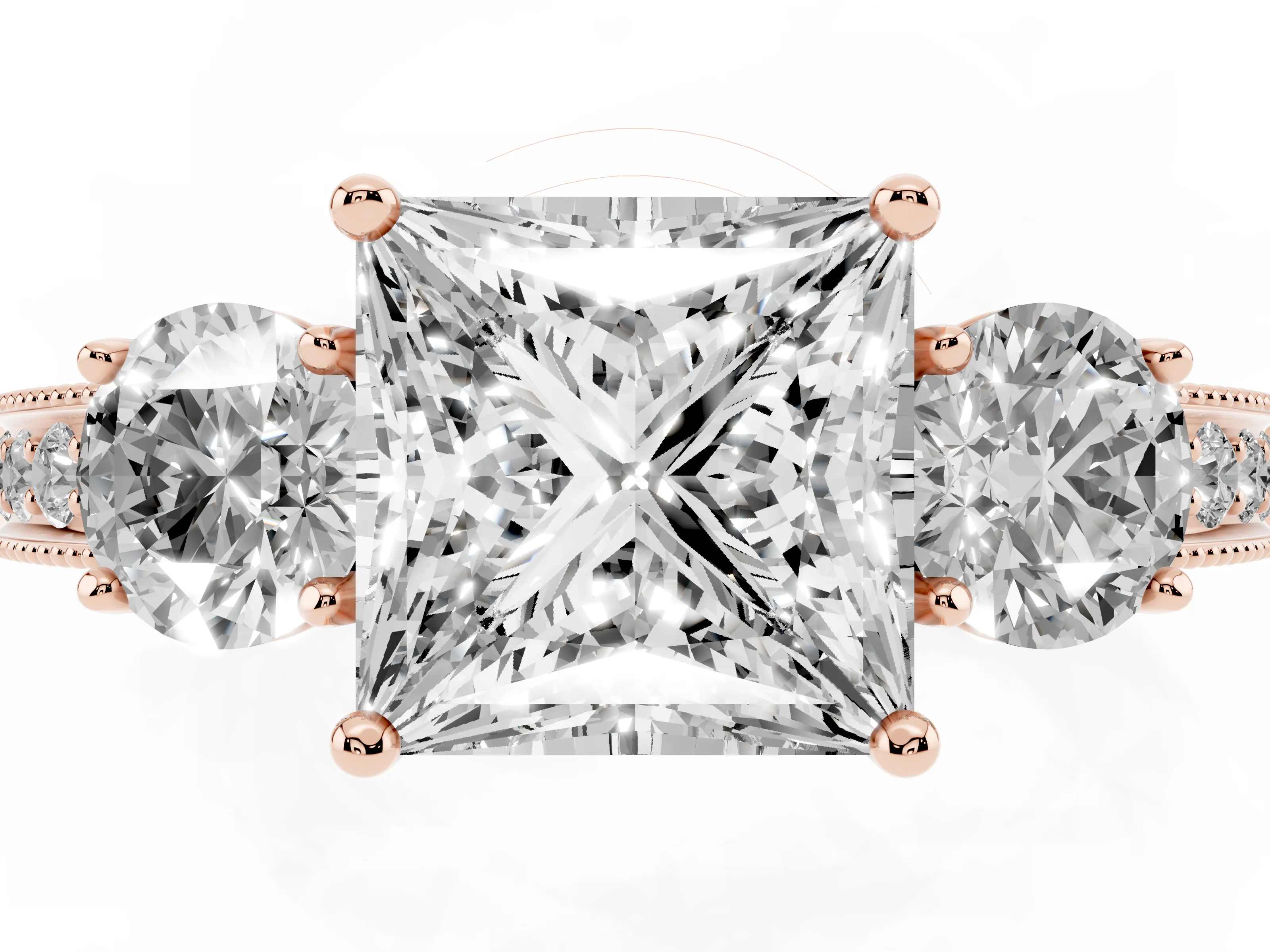 Princess Cut Diamond Three-Stone Ring Set in Rose gold with Round Side Stones and Pavé Band