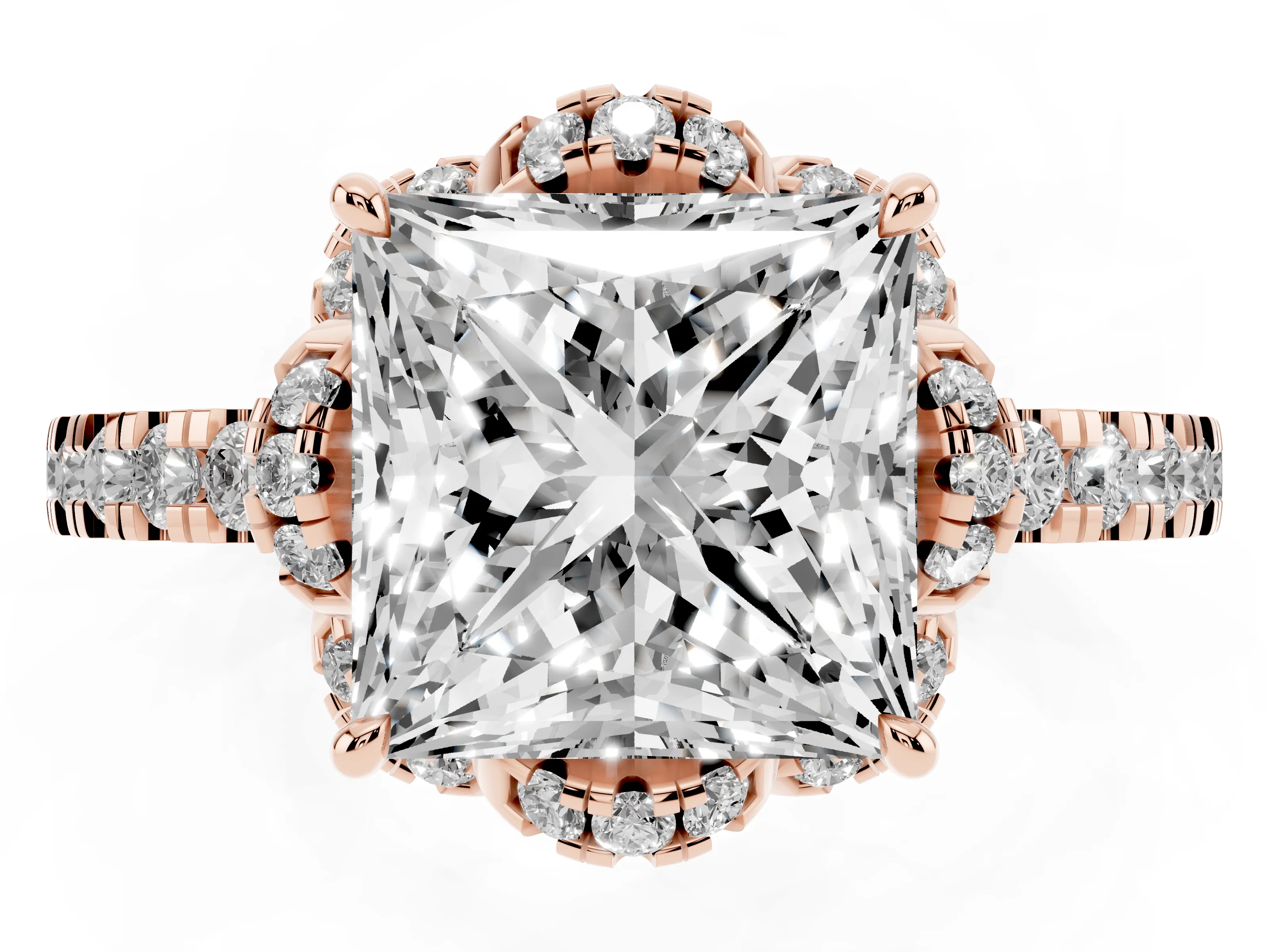 Princess Cut Diamond Halo Pavé Band Ring Set in Rose gold with Prong-Held Center