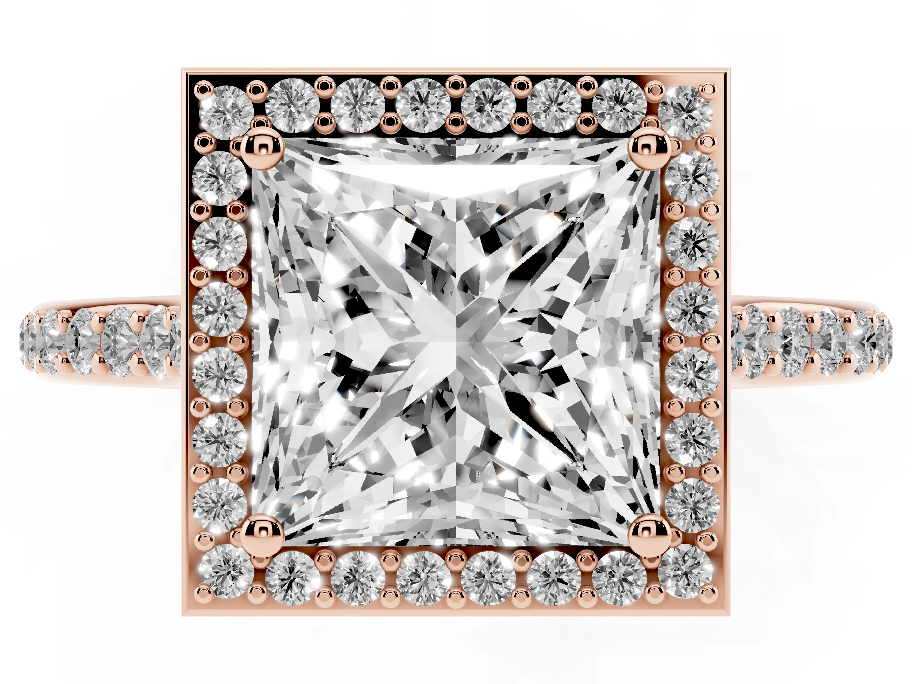 Princess Cut Diamond Halo Engagement Ring Set in Rose gold with Round Pavé Shoulders and Heart Gallery