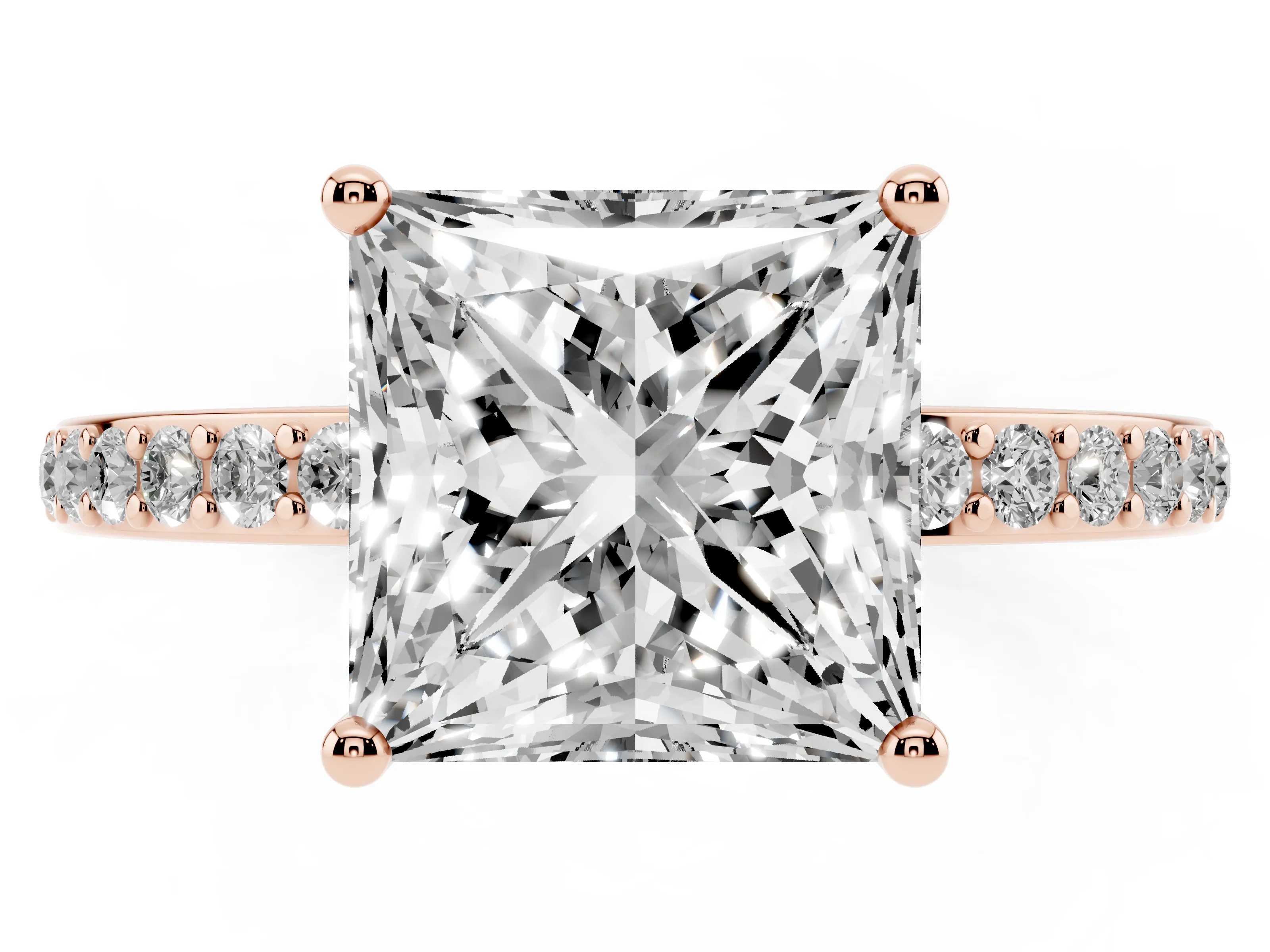 Princess Cut Diamond Pavé Band Ring Set in Rose gold with Prong-Set Center Stone