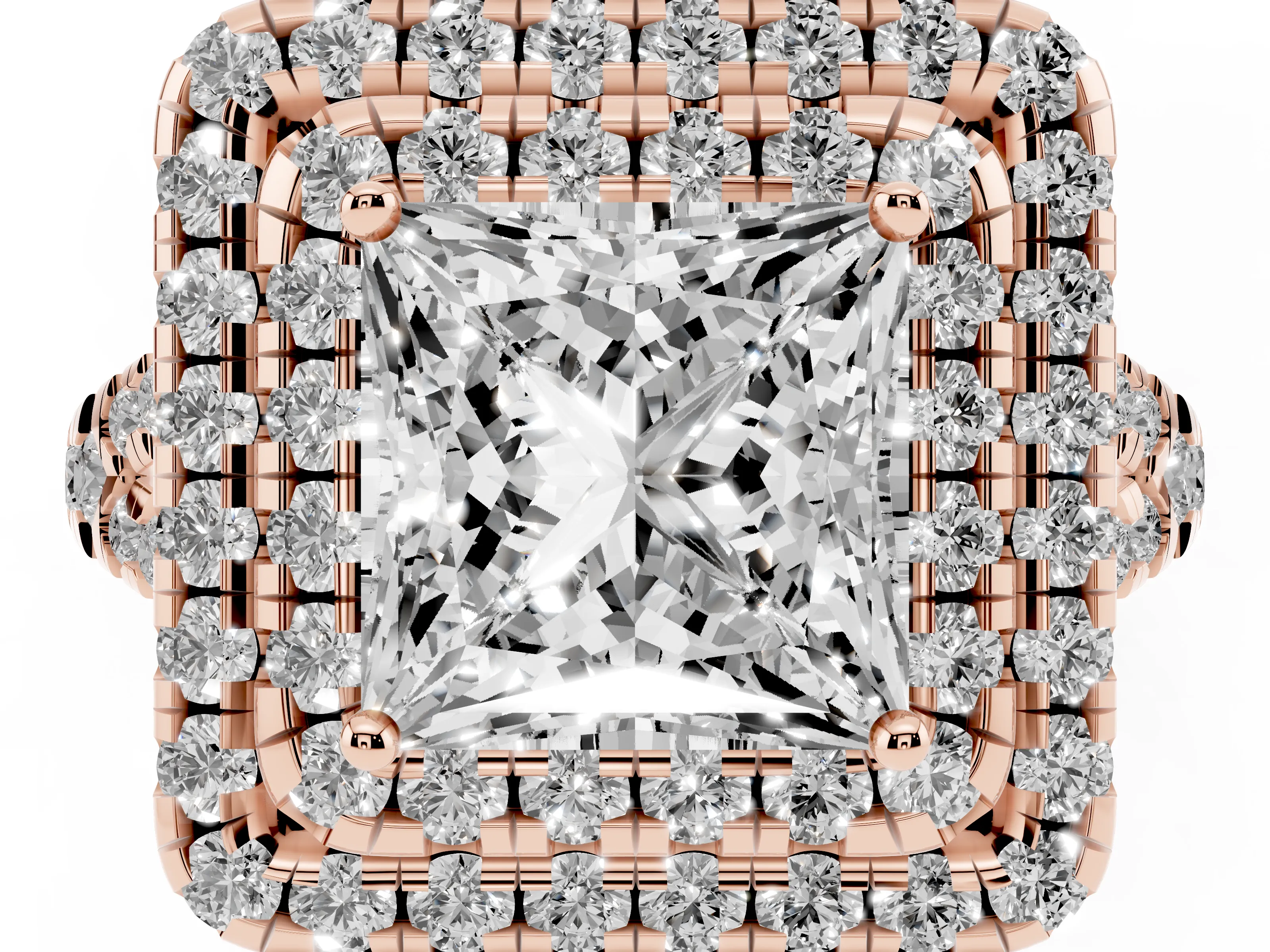Princess Cut Diamond Double Halo Ring Set in Rose gold with Pavé Split Shank and Prong Setting