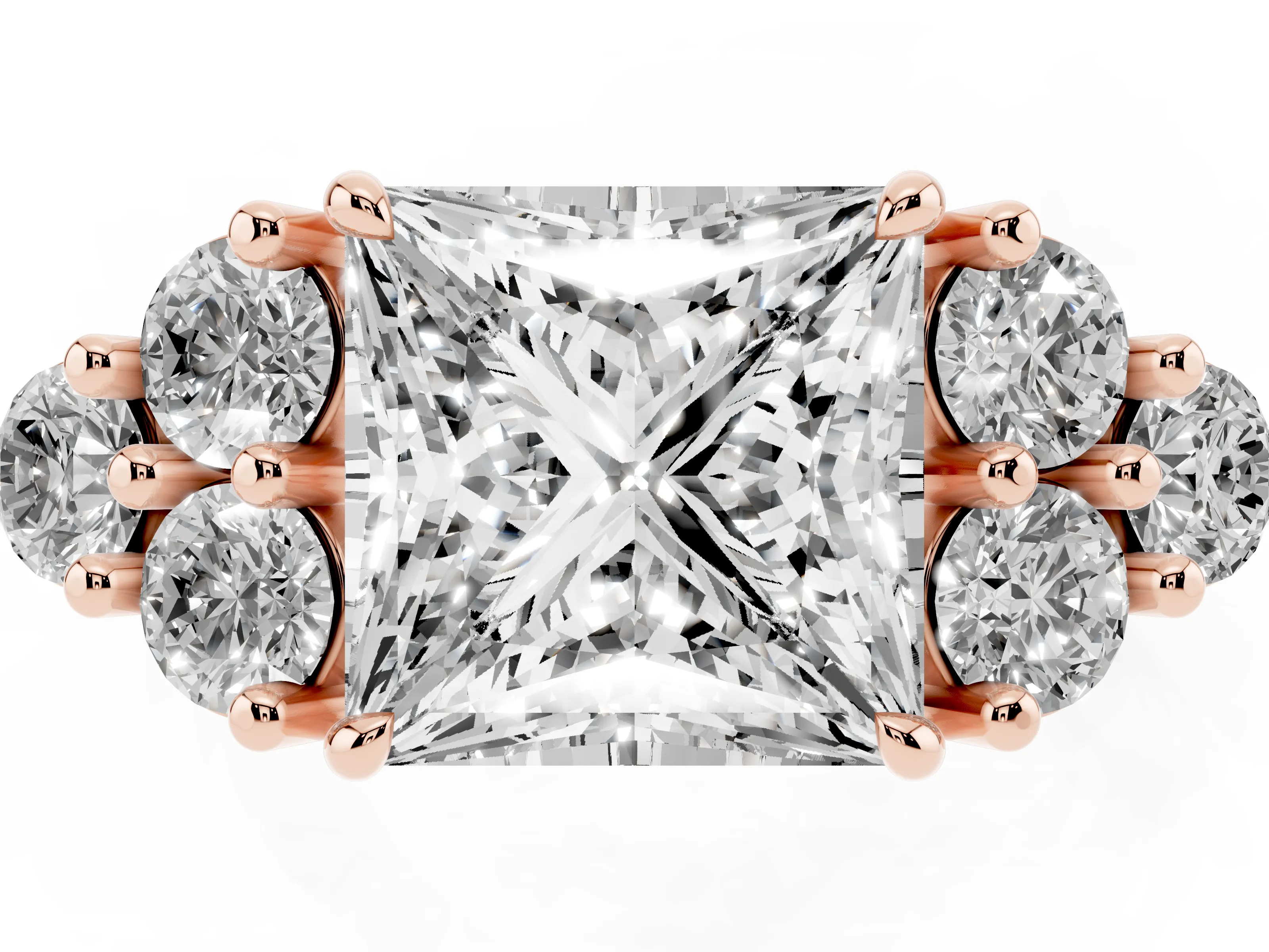 Princess Cut Diamond Solitaire Ring Set in Rose gold with Cluster Accents on Each Side