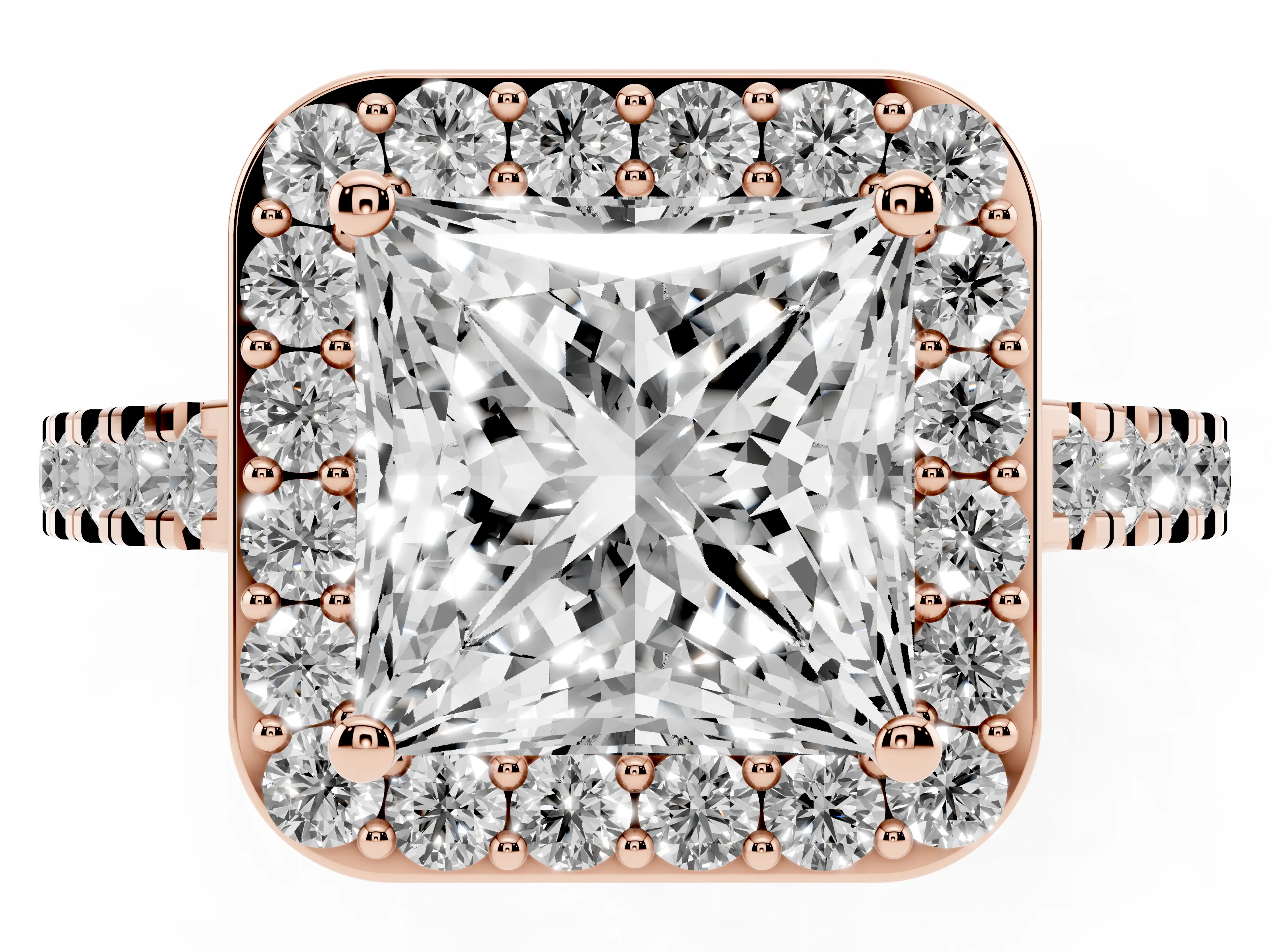 Princess Cut Diamond Halo Ring Set in Rose gold with Round Pavé Split Shank and Prong Setting