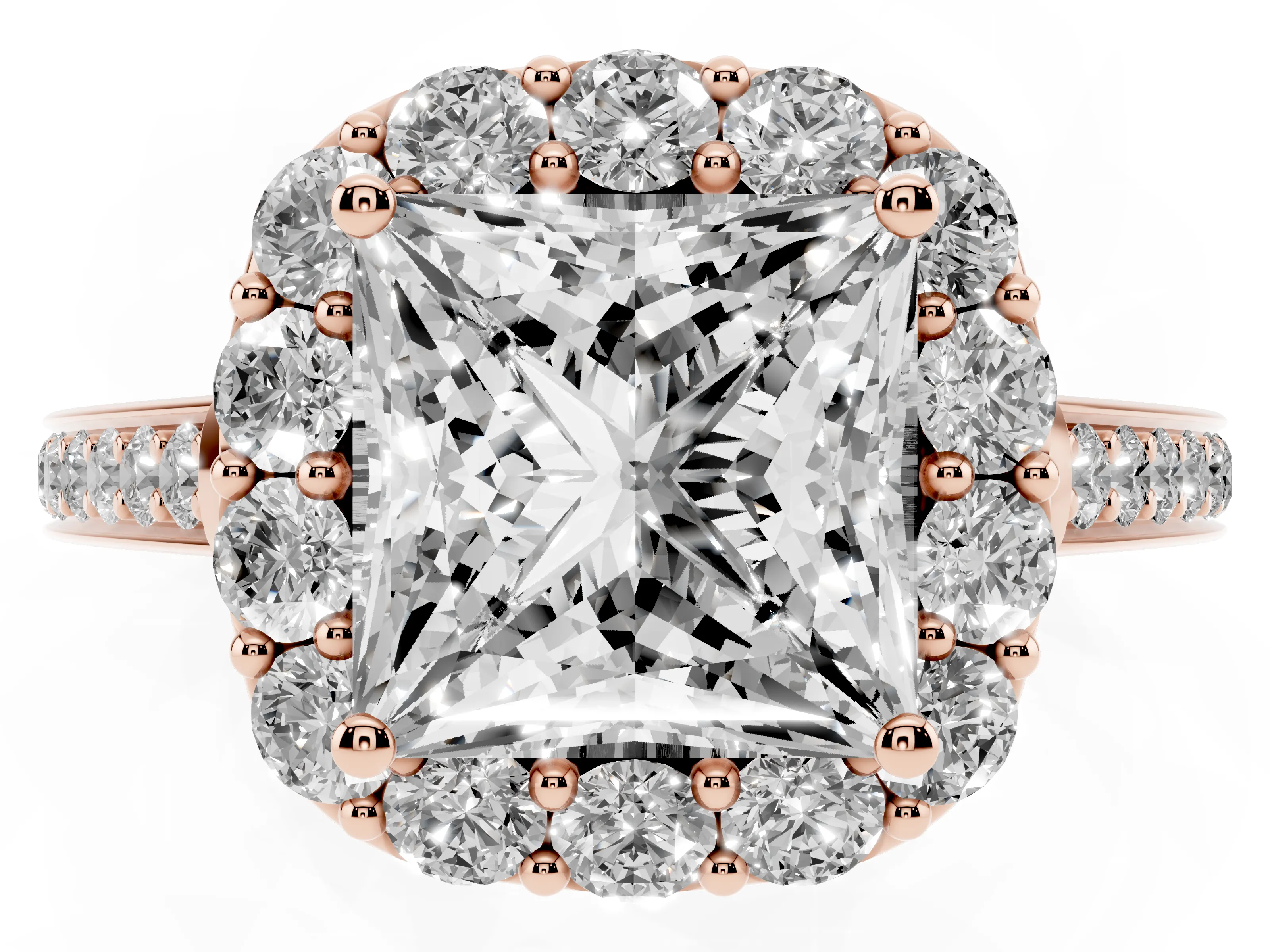 Princess Cut Diamond Floral Halo Ring Set in Rose gold with Pavé Band and Prong Setting