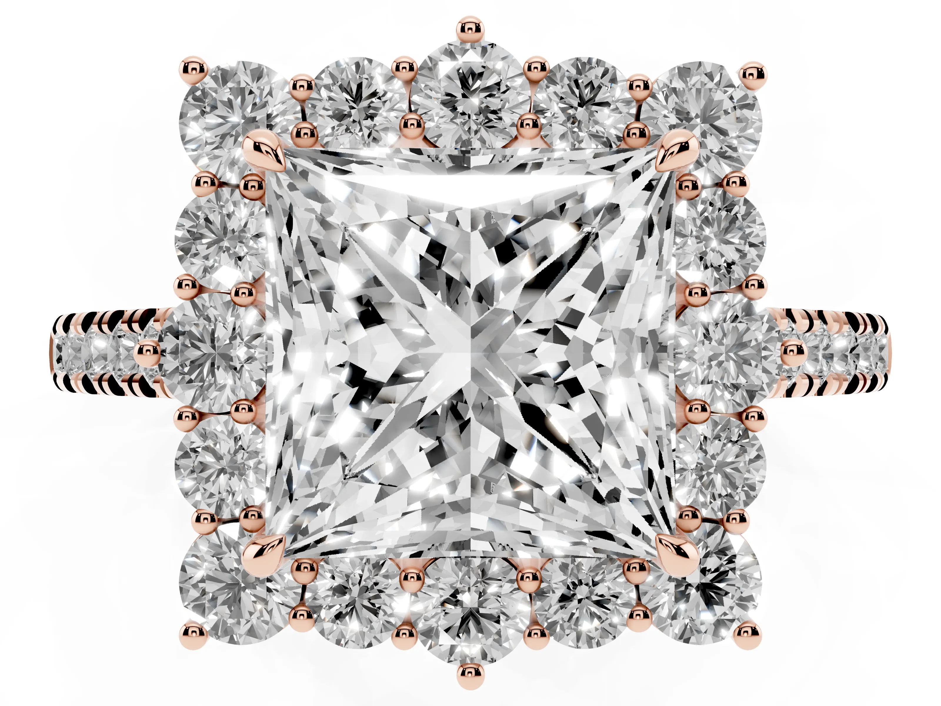 Princess Cut Diamond Halo Ring Set in Rose gold with Pavé Band and Prong Setting