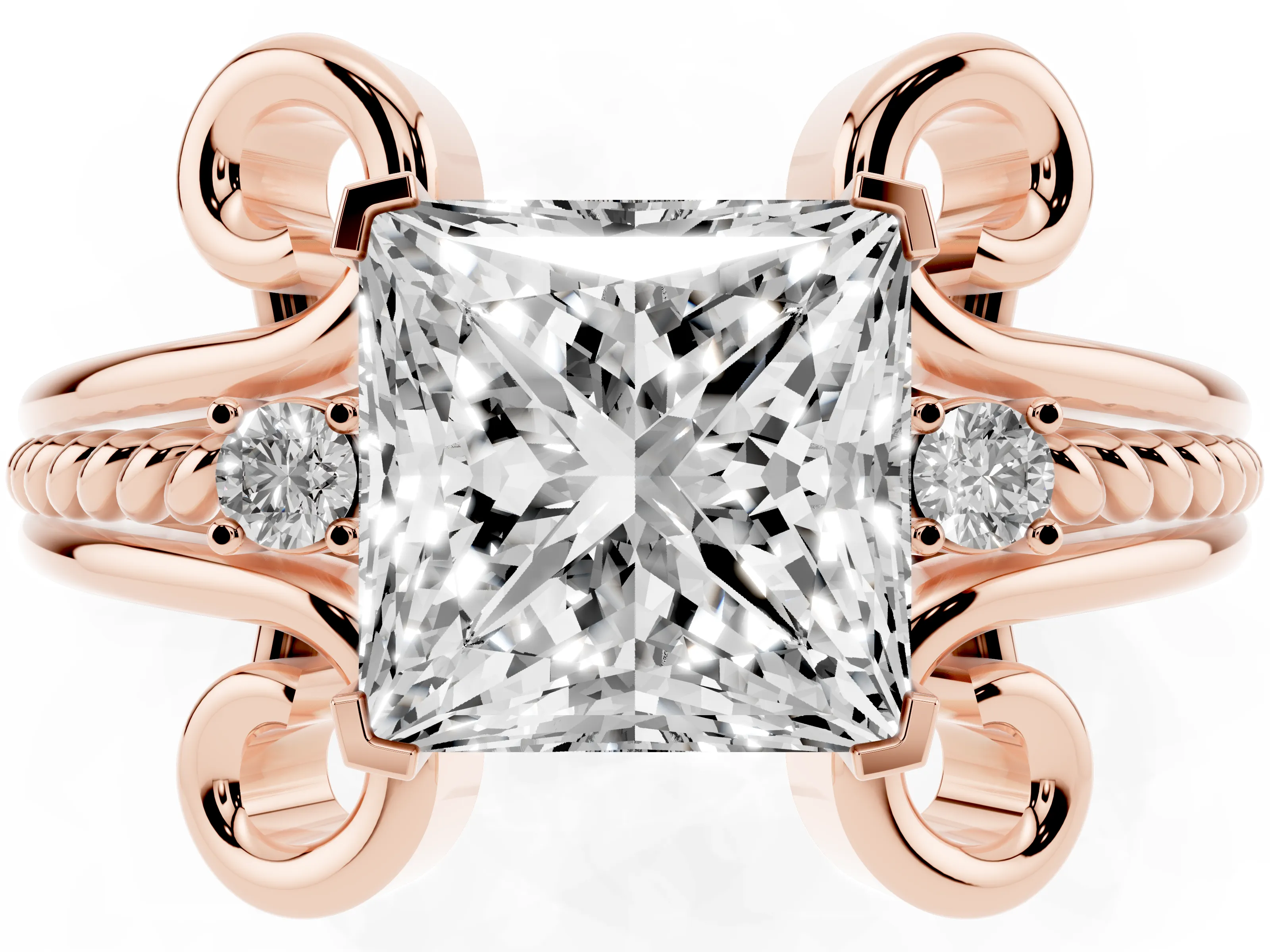 Princess Cut Diamond Twisted Band Solitaire Ring Set in Rose gold with Scroll Prongs