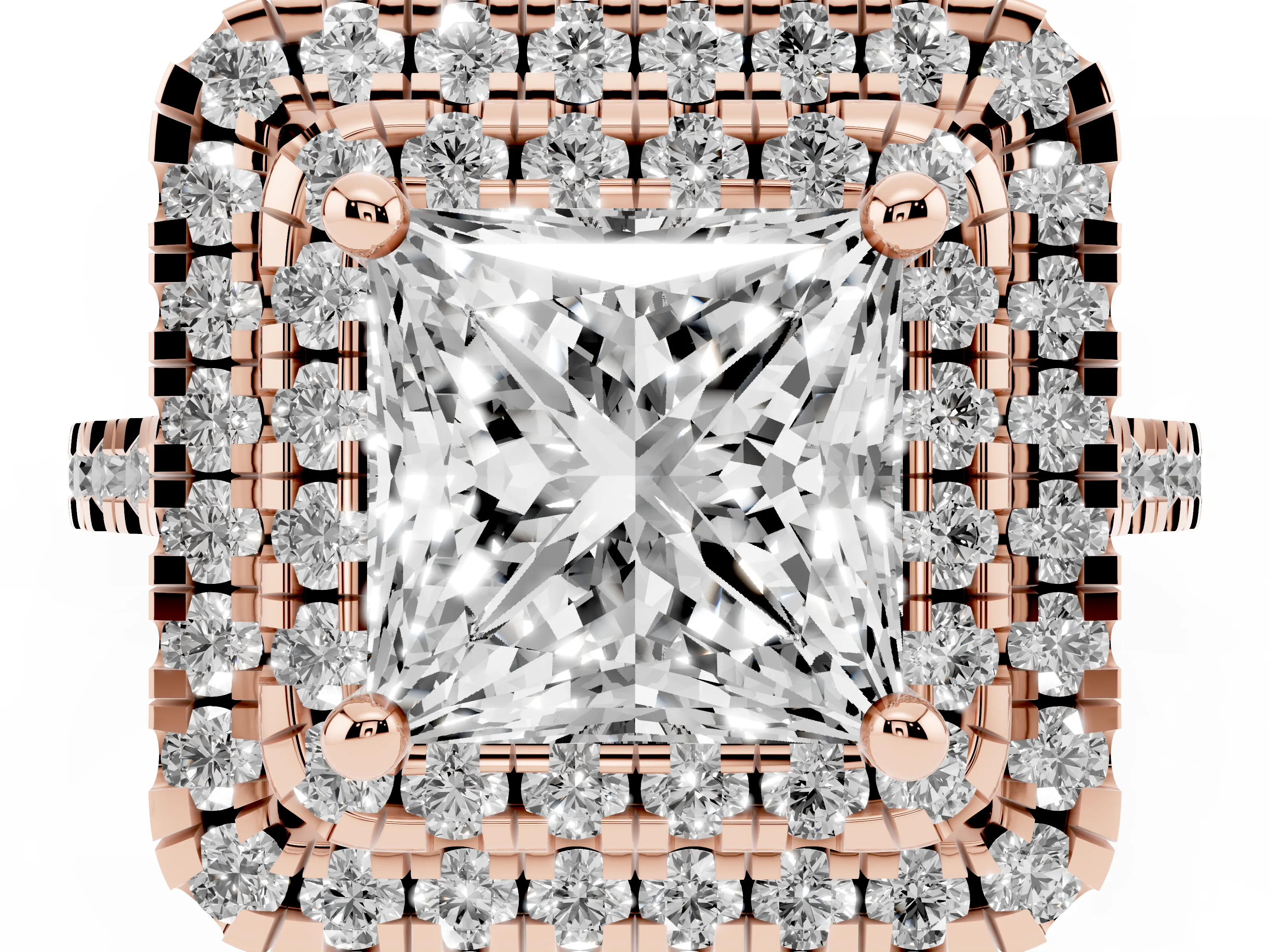 Princess Cut Diamond Double Halo Statement Ring Set in Rose gold with Pavé Band