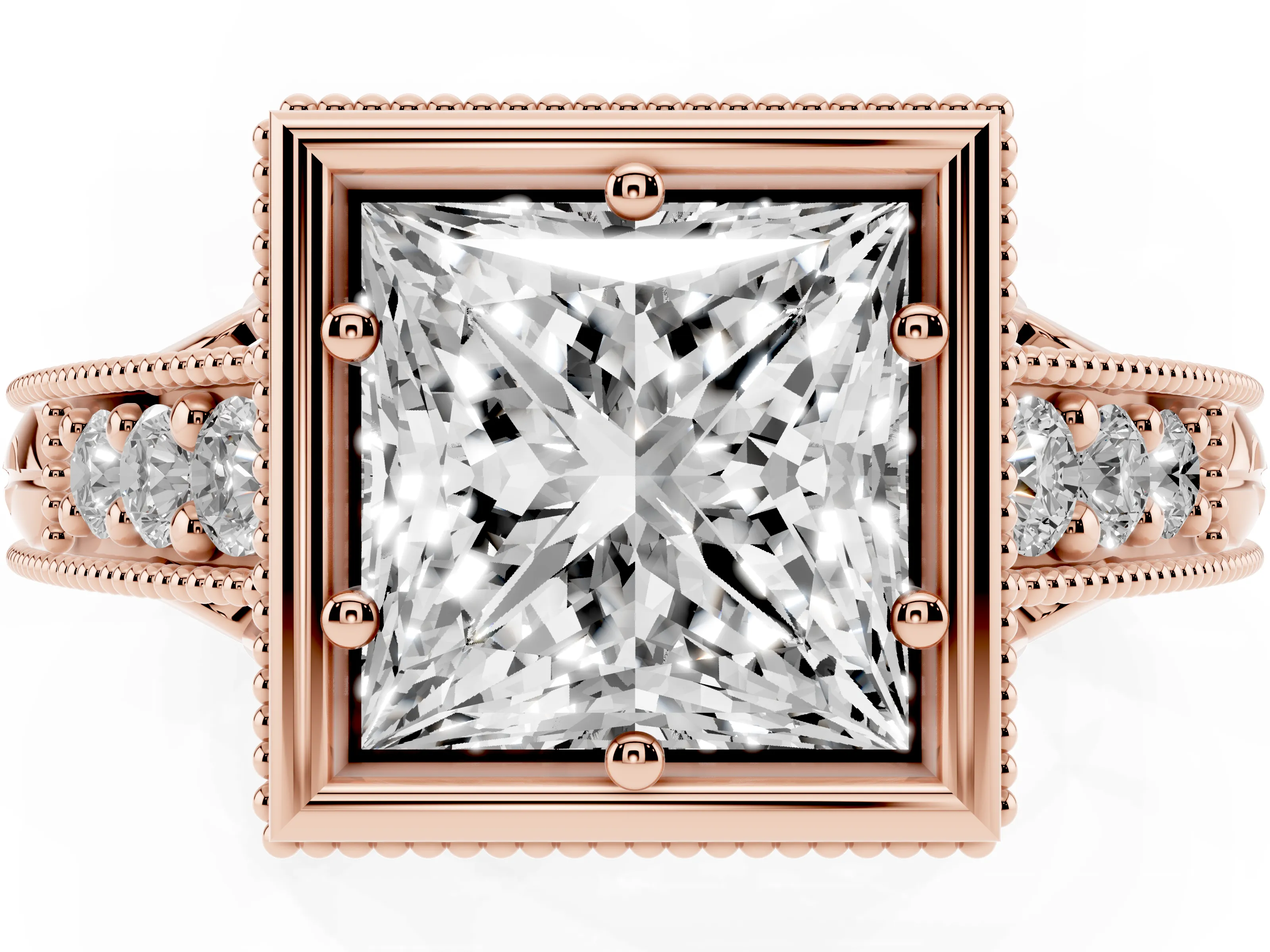 Bezel Set Princess Cut Diamond Milgrain Pavé Engagement Ring Set in Rose gold