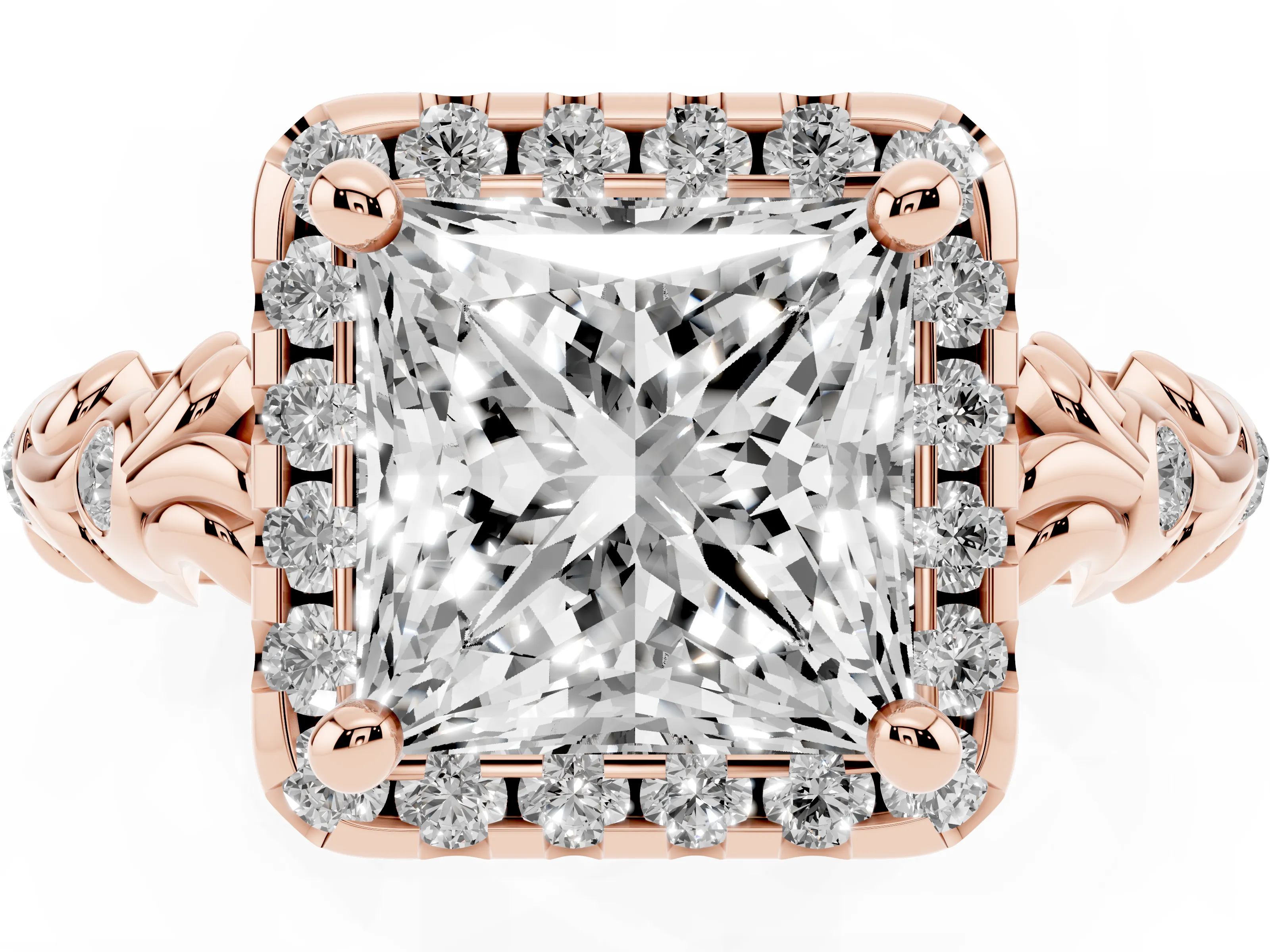 Princess Cut Diamond Halo Ring Set in Rose gold with Filigree Leaf Band and Prong Setting