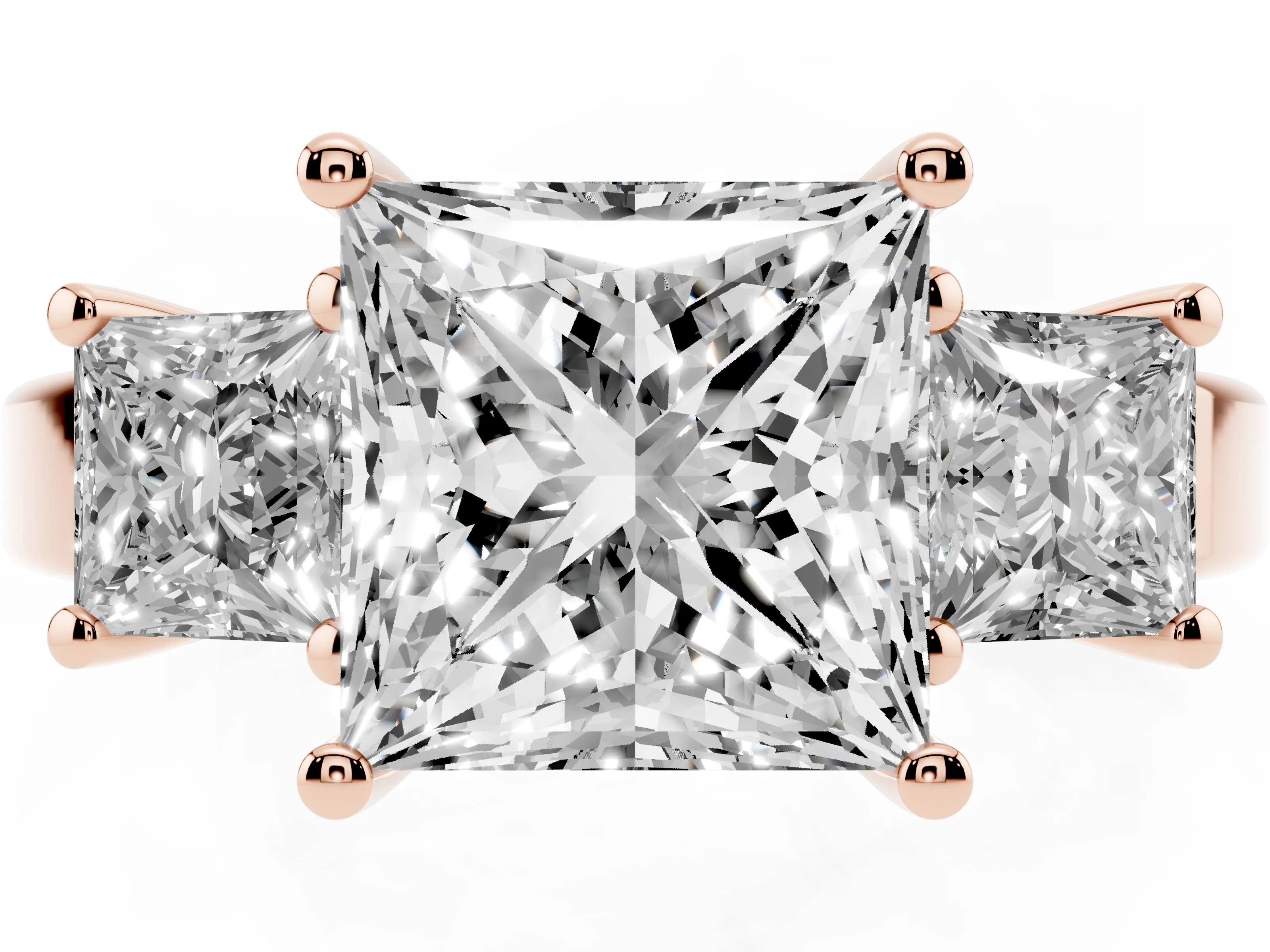 Three-Stone Princess Cut Diamond Solitaire Ring Set in Rose gold with Prong Setting