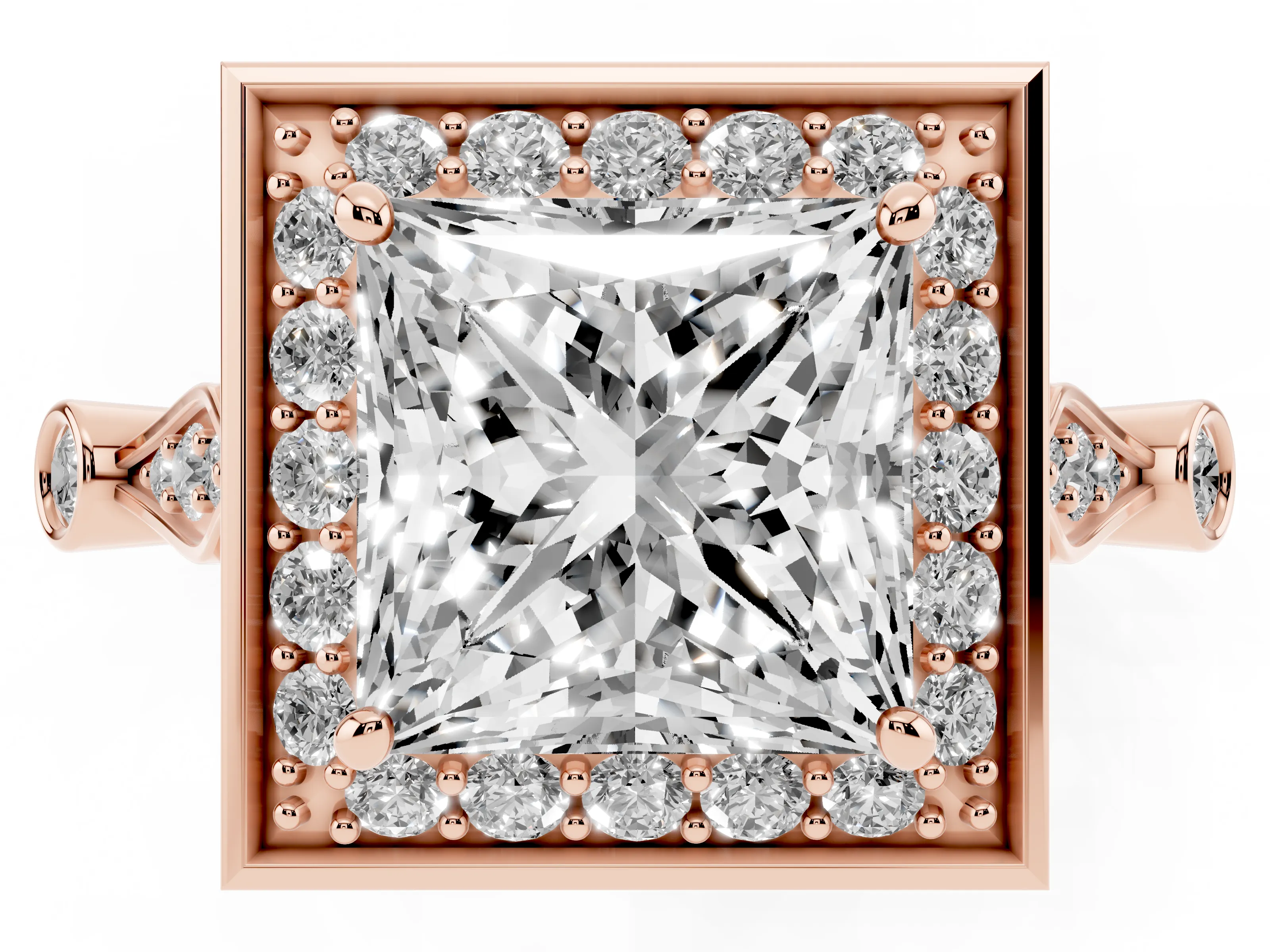 Princess Cut Diamond Halo Engagement Ring Set in Rose gold with Twisted Band and Prong Setting