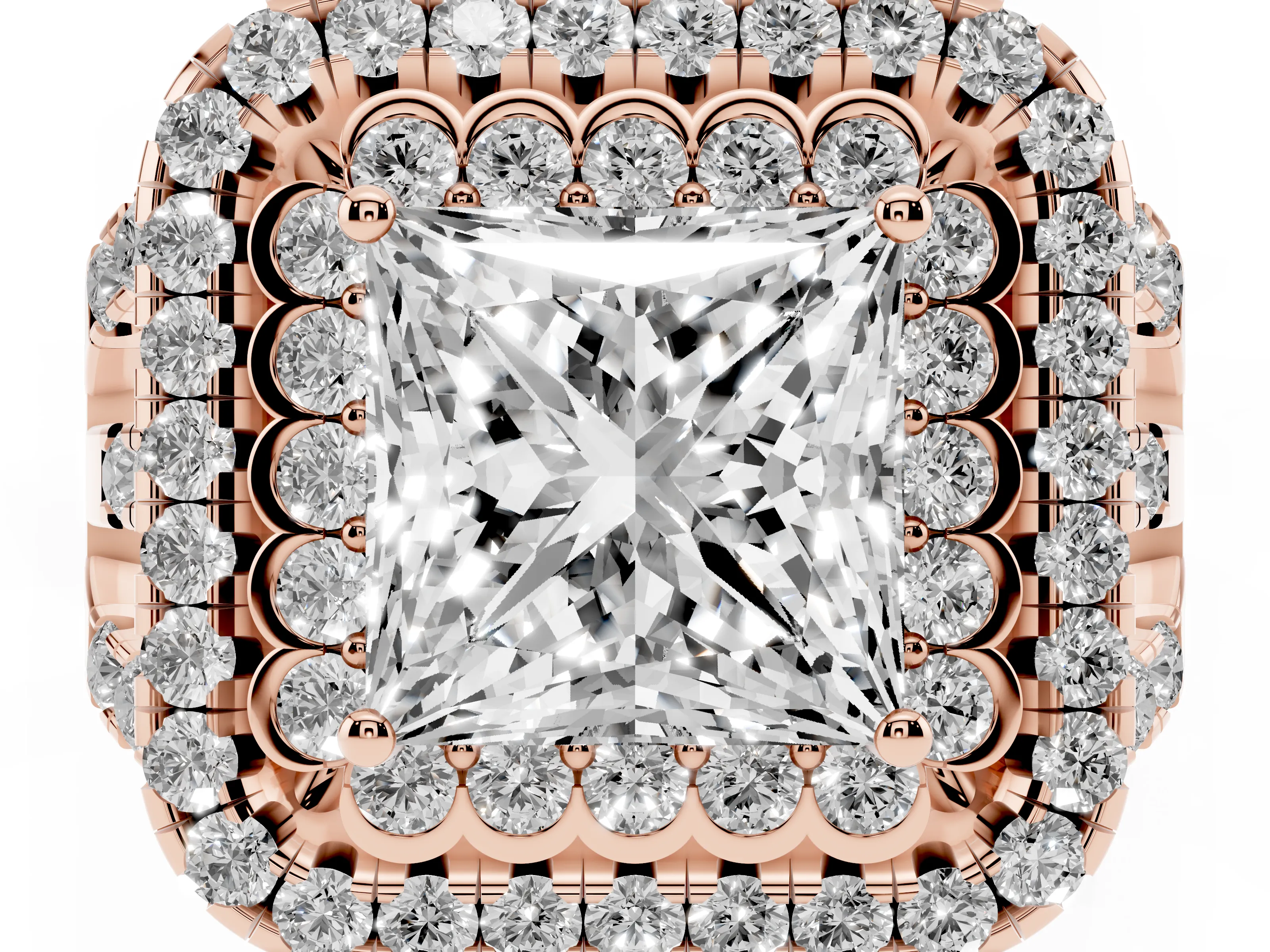 Princess Cut Diamond Double Halo Ring Set in Rose gold with Round Pavé Split Shank
