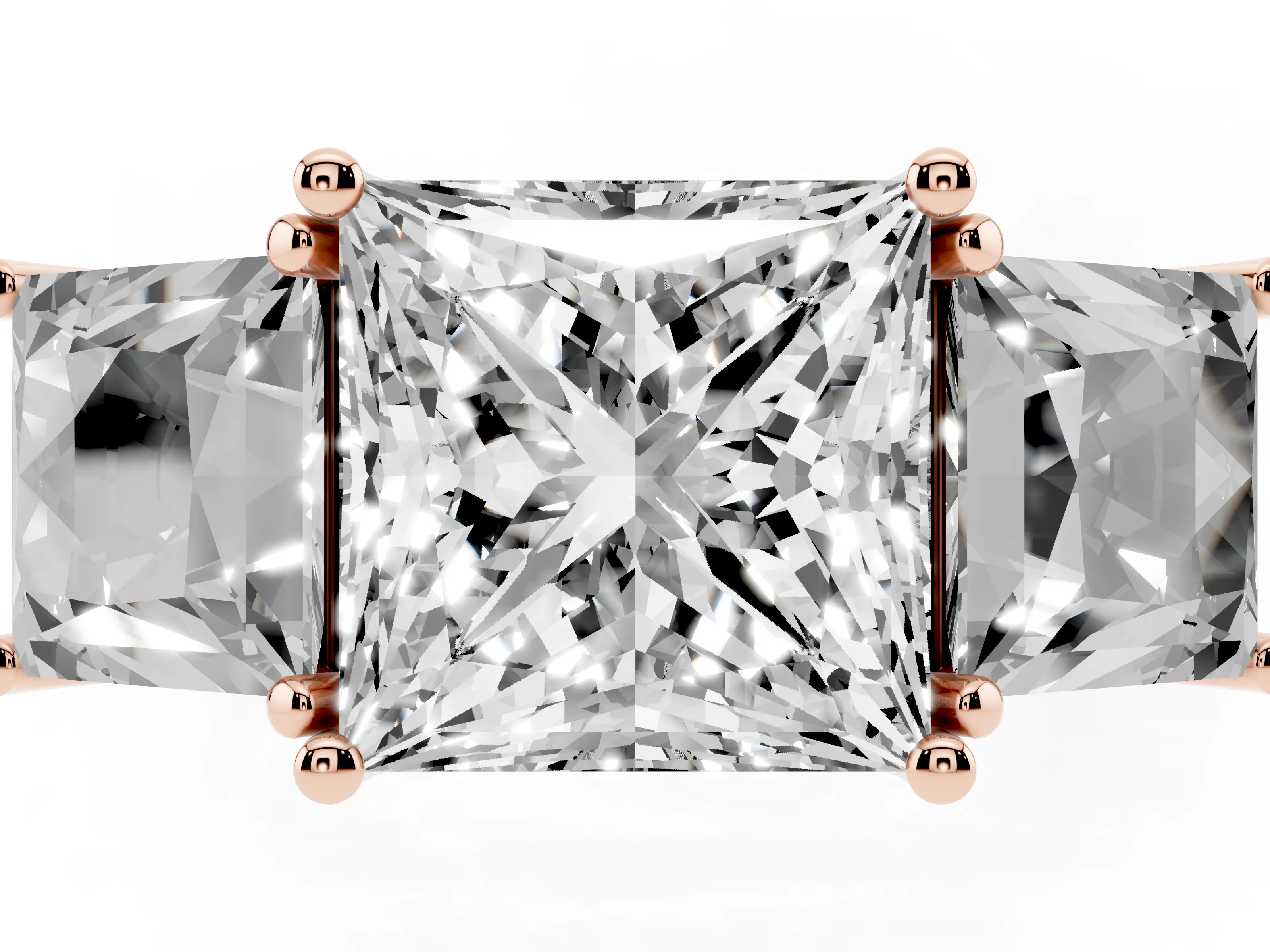 Princess Cut Diamond Three-Stone Ring Set in Rose gold with Pavé Band