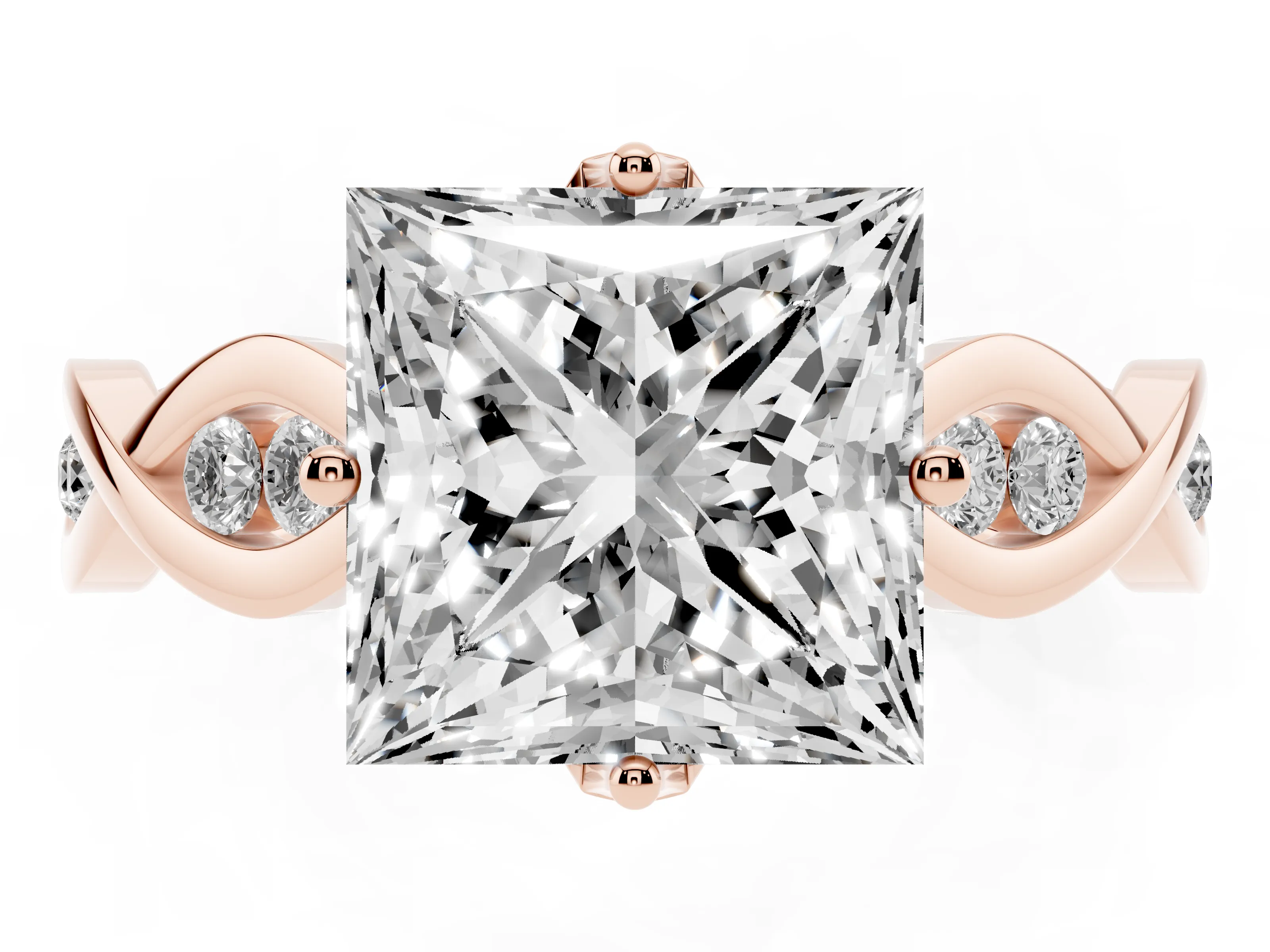 Princess Cut Diamond Twist Band Solitaire Ring Set in Rose gold with Leaf Prong Setting and Accent Stones