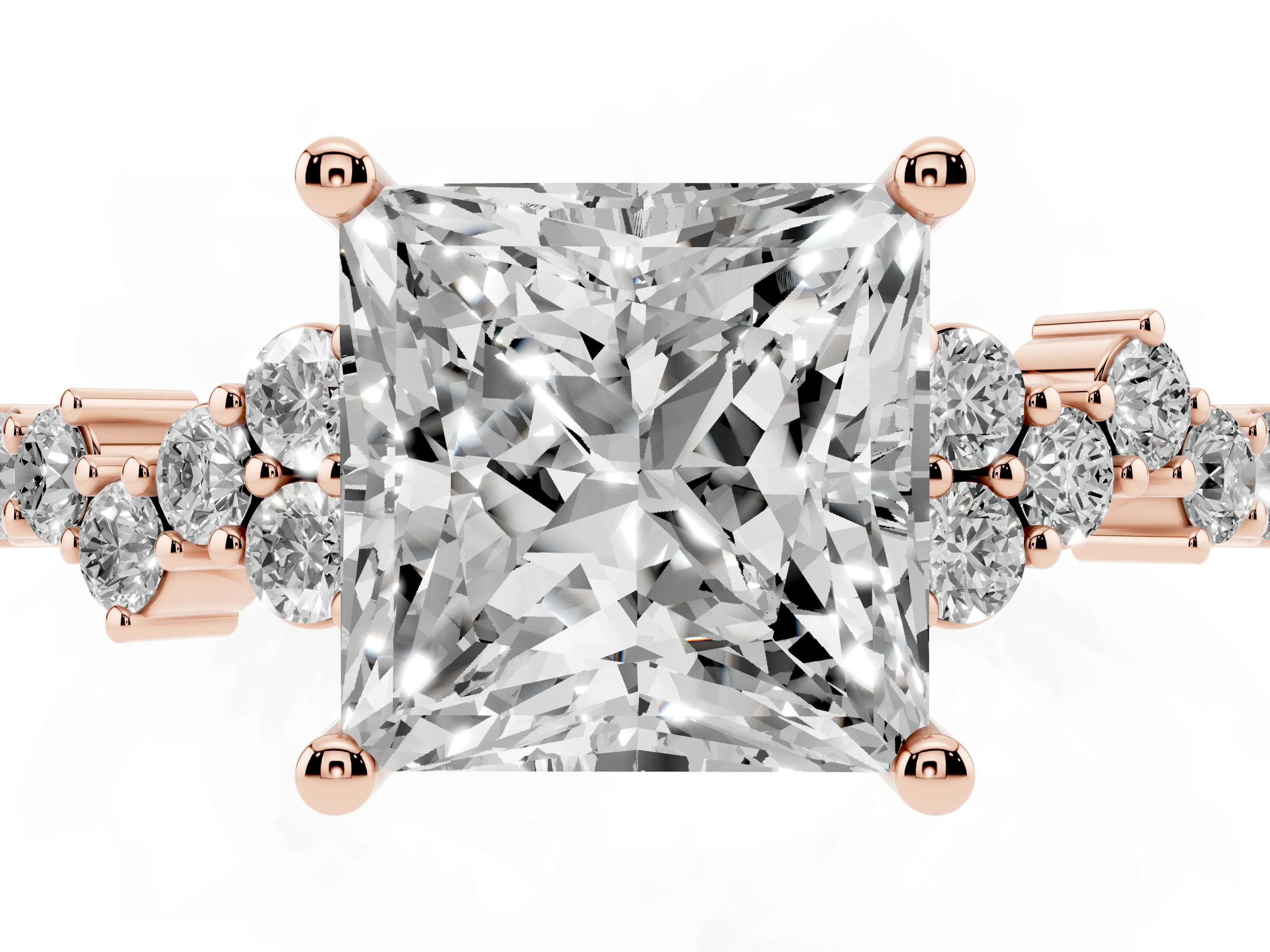 Princess Cut Diamond Ring Set in Rose gold with Scattered Round Accents
