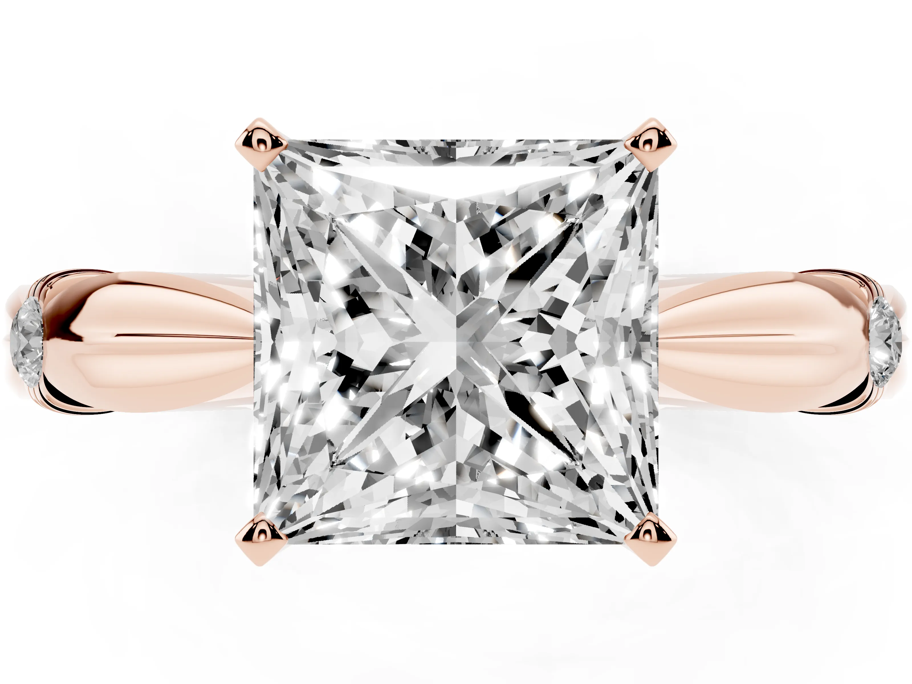 Princess Cut Diamond Solitaire Twisted Band Ring Set in Rose gold with Accent Stones and Prong Setting