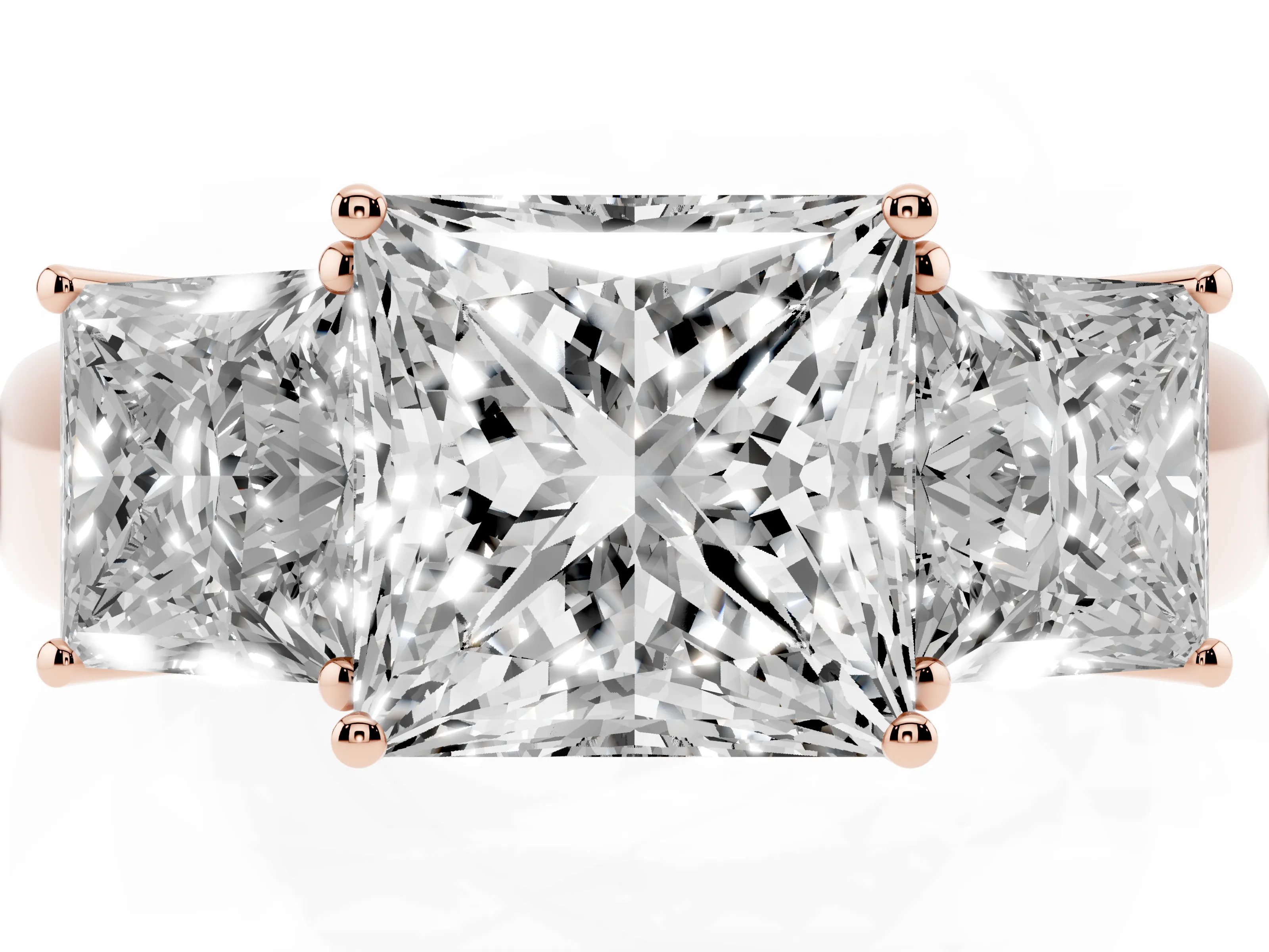 Three-Stone Princess Cut Diamond Ring Set in Rose gold with Matching Prong Settings and Plain Band