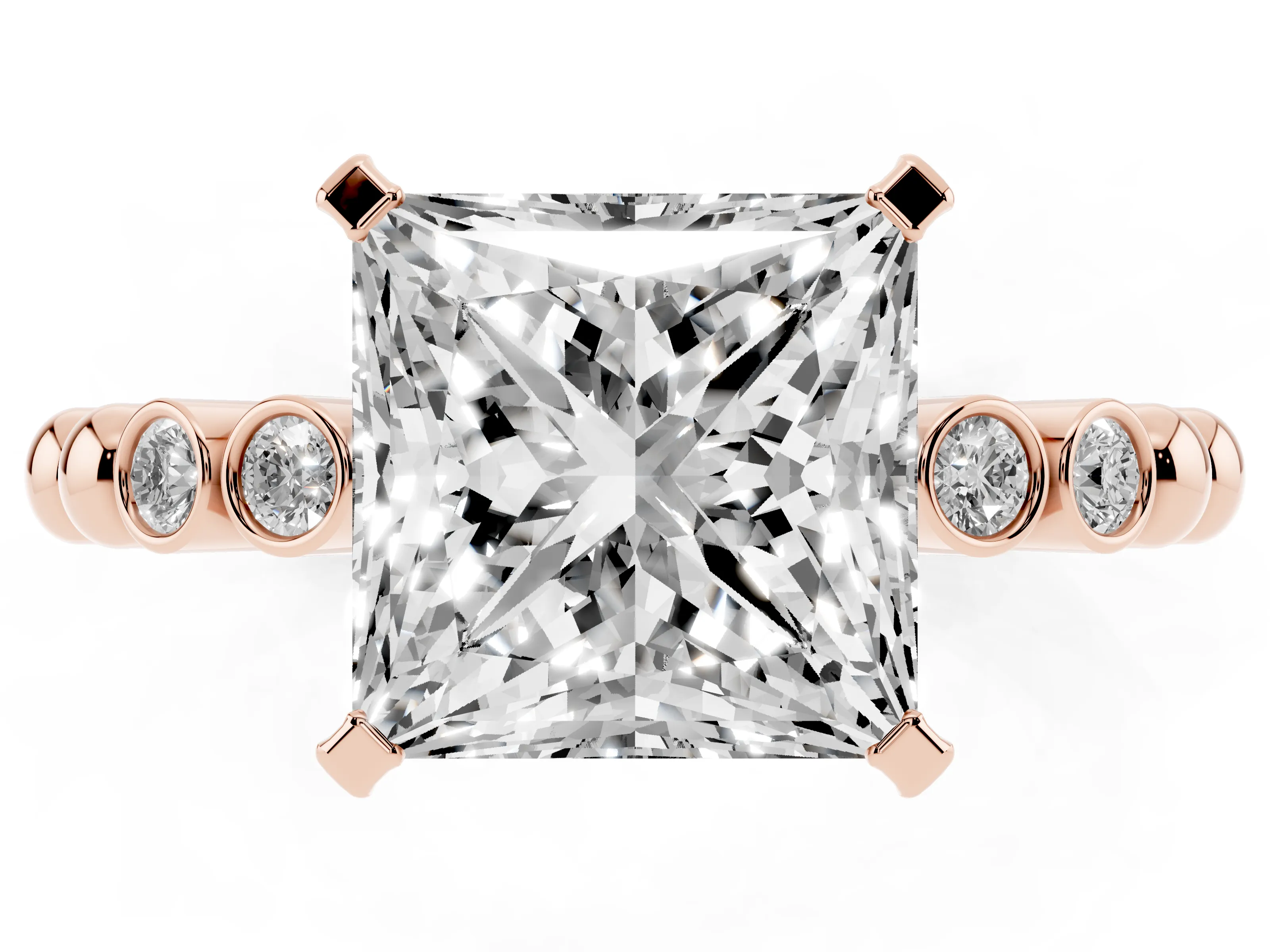 Princess Cut Diamond Solitaire Engagement Ring Set in Rose gold with Bezel Accents on Beaded Band