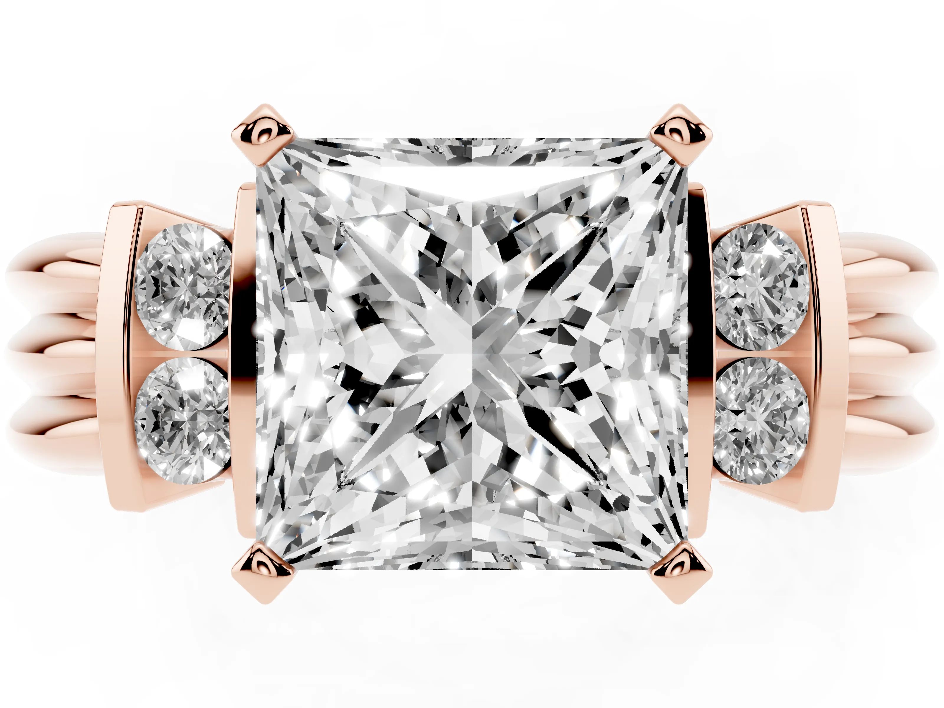 Three-Stone Princess Cut Diamond Channel Set Ring Set in Rose gold with Bar Prongs