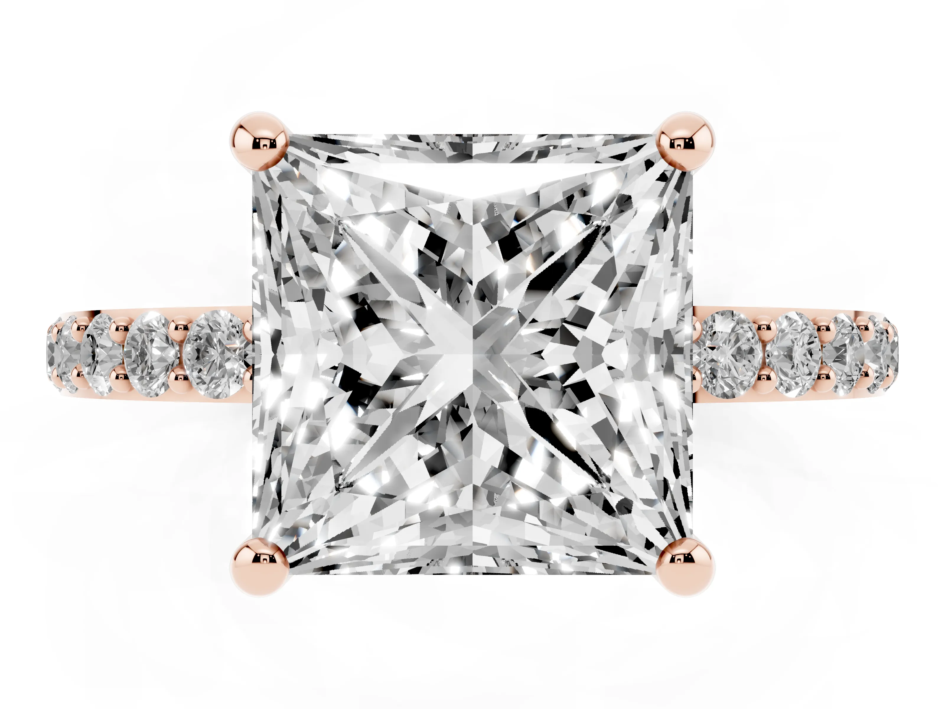 Princess Cut Diamond Solitaire Ring Set in Rose gold with Round Pavé Band and Prong Setting