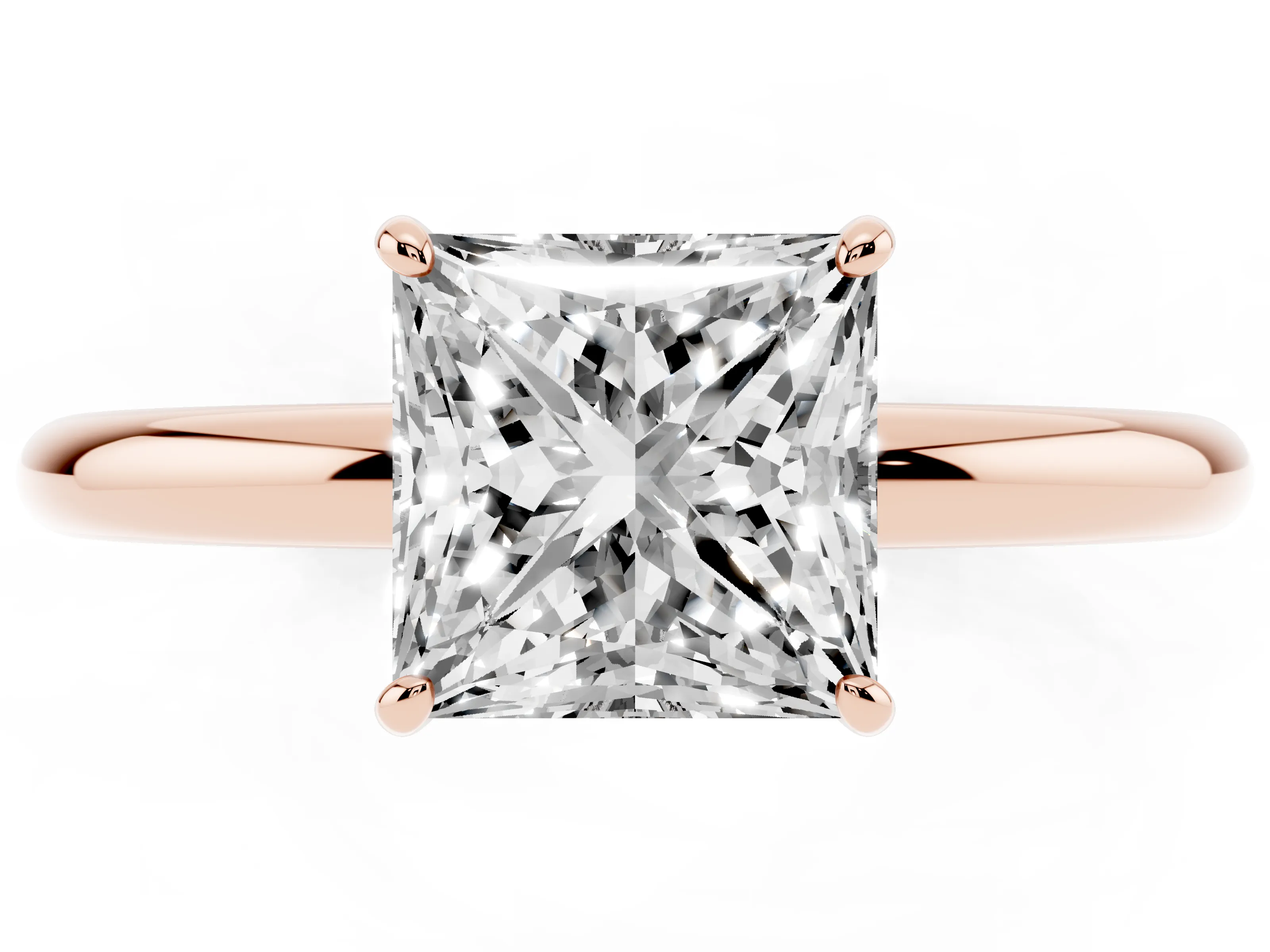 Princess Cut Diamond Solitaire Ring Set in Rose gold with Prong Setting on a Polished Plain Band