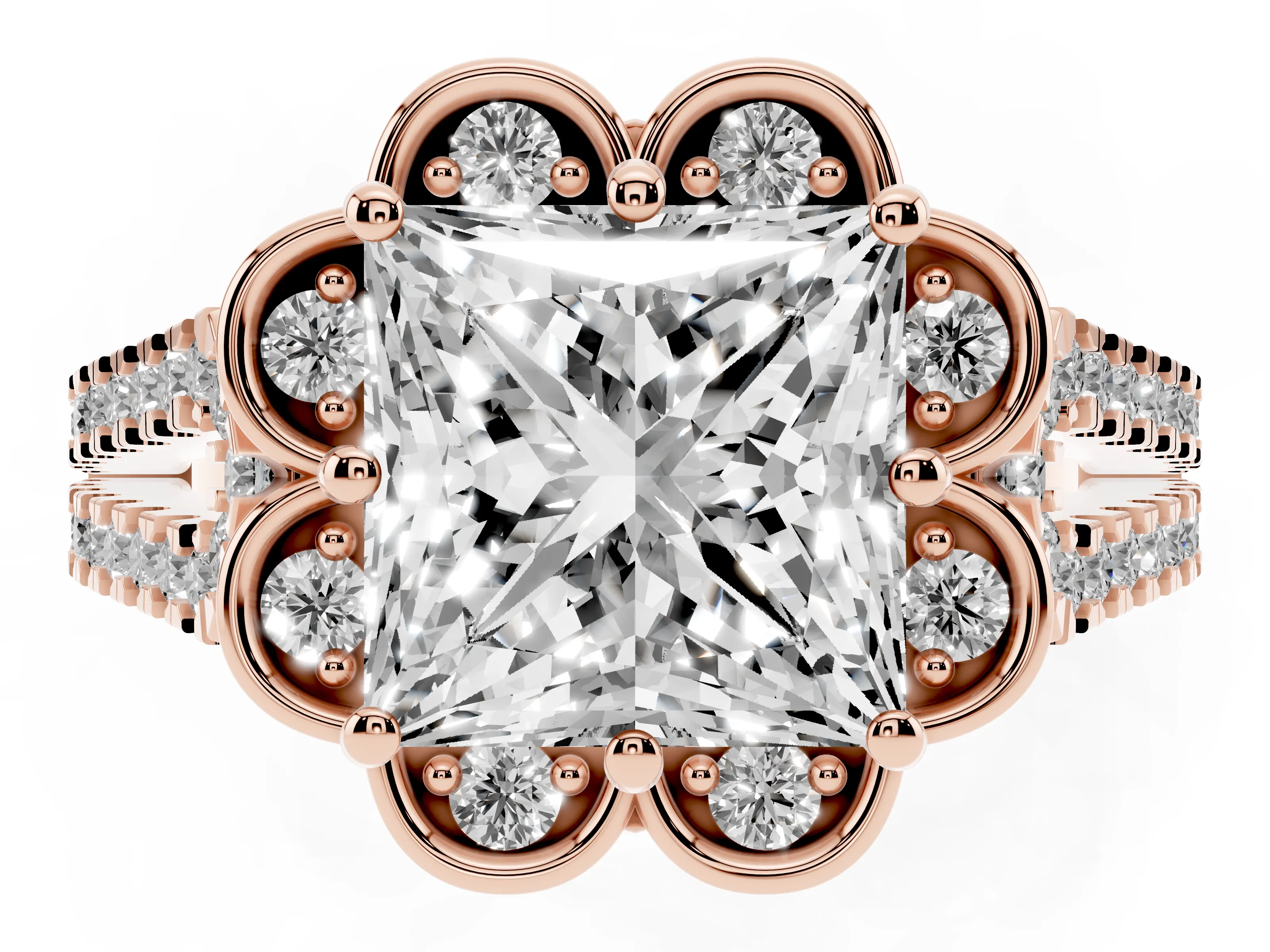 Princess Cut Diamond Floral Halo Split Shank Engagement Ring Set in Rose gold with Pavé Shank