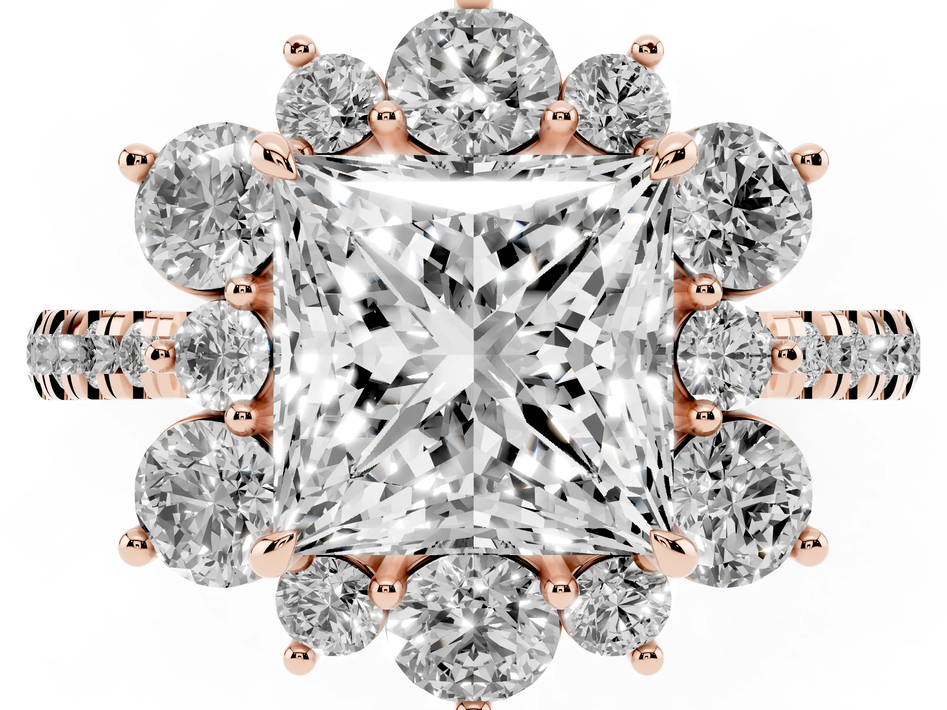 Princess Cut Diamond Floral Halo Ring Set in Rose gold with Round Pavé Band and Prong Setting