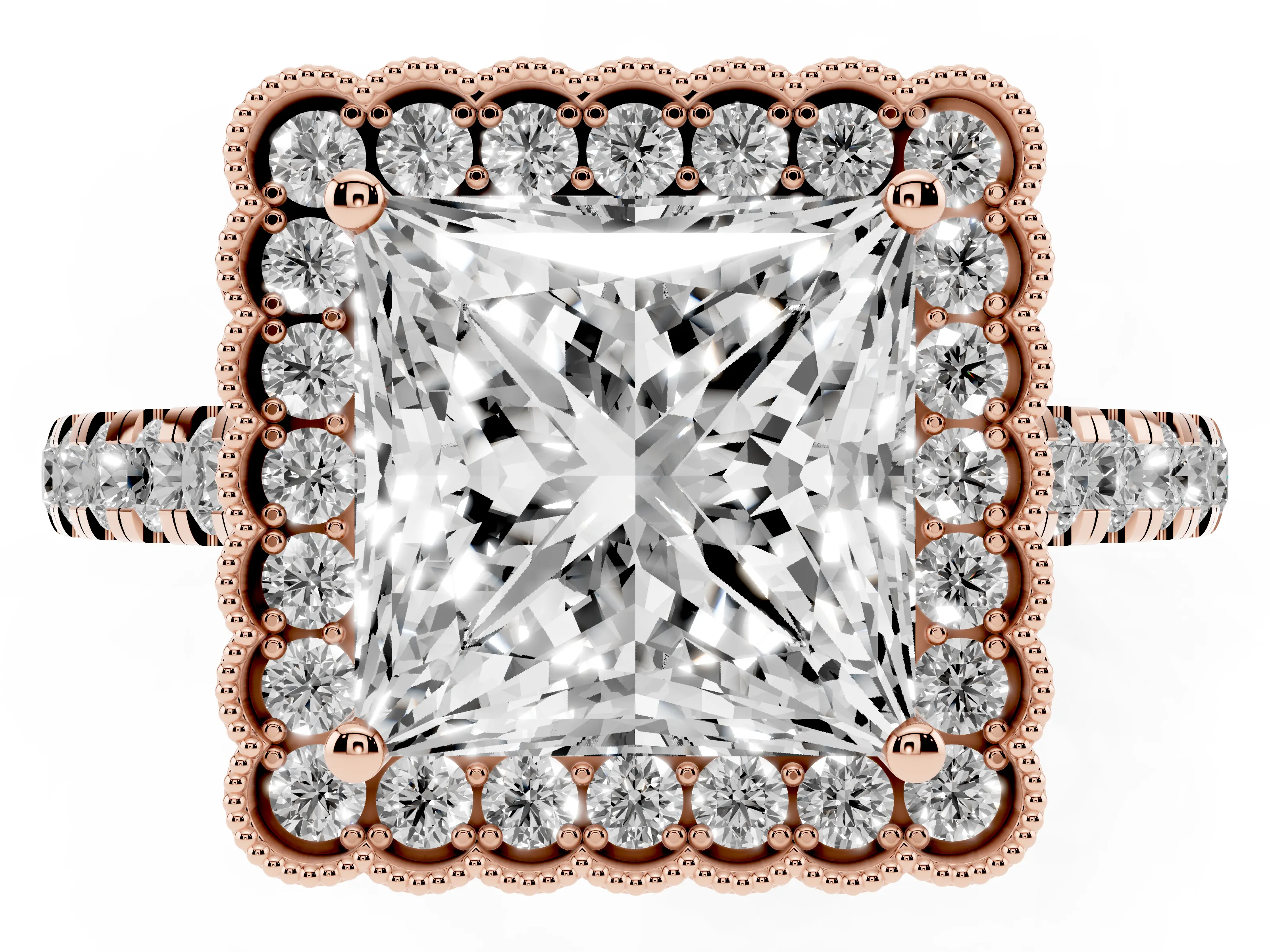 Princess Cut Diamond Milgrain Floral Halo Engagement Ring Set in Rose gold with Pavé Band