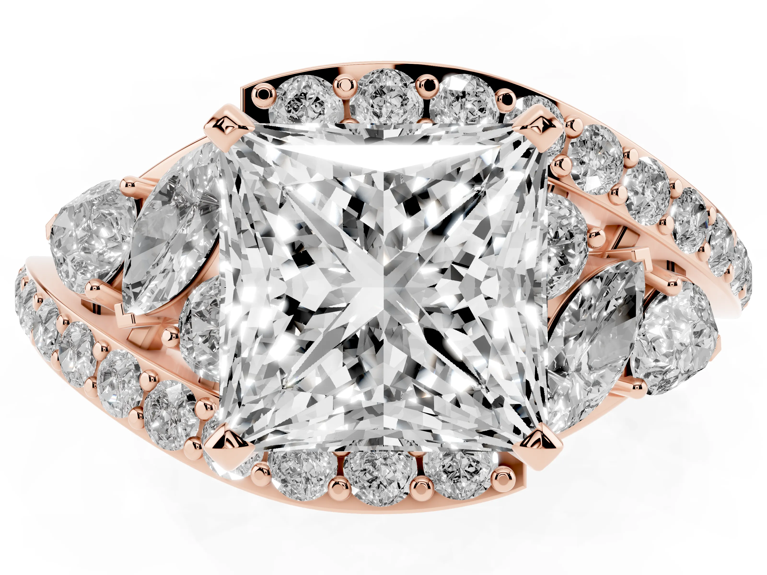 Princess Cut Diamond Halo Ring Set in Rose gold with Marquise and Pavé Band in Prong Setting