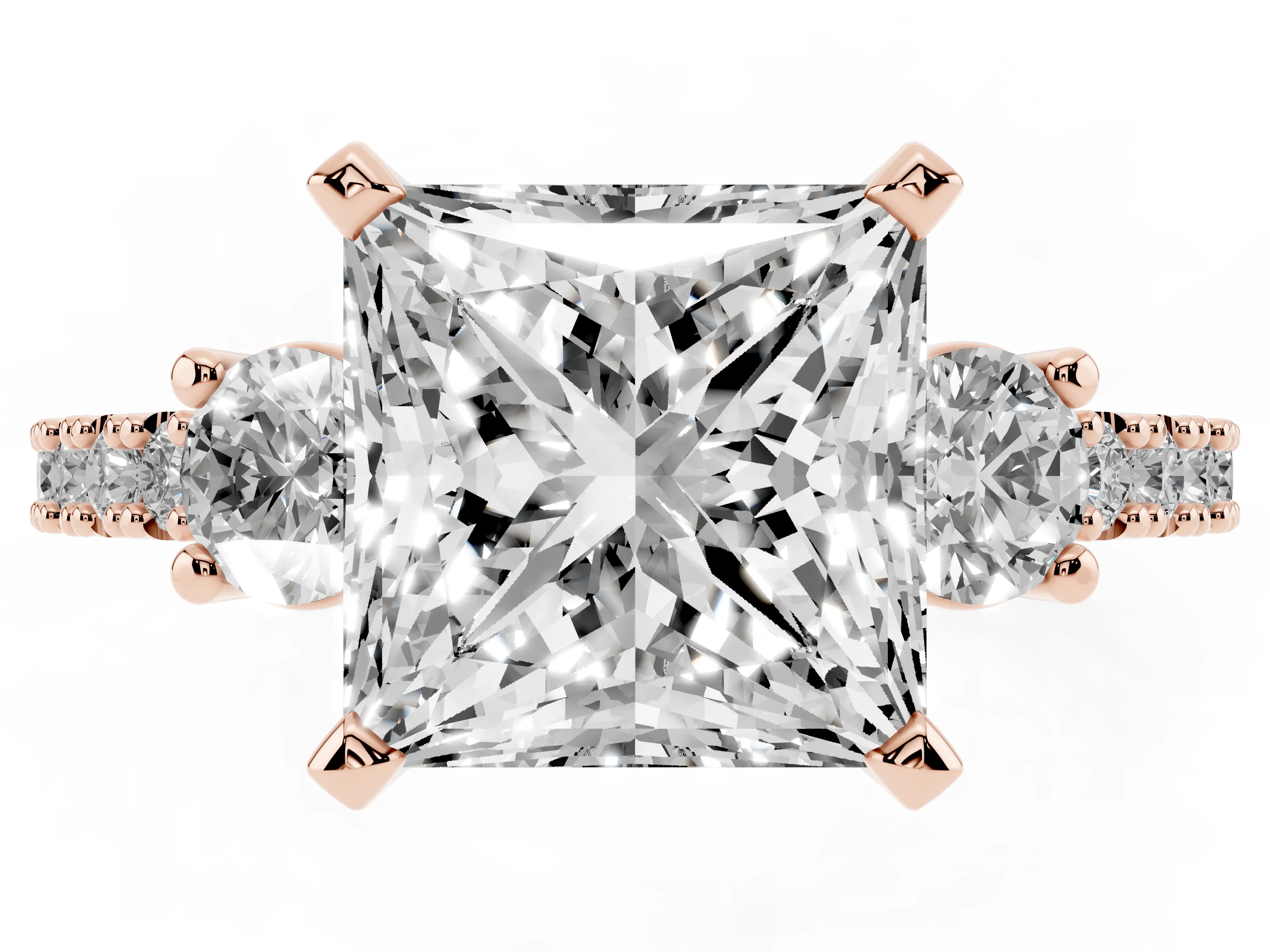 Three-Stone Princess Cut Diamond Pavé Band Ring Set in Rose gold with Prong Setting