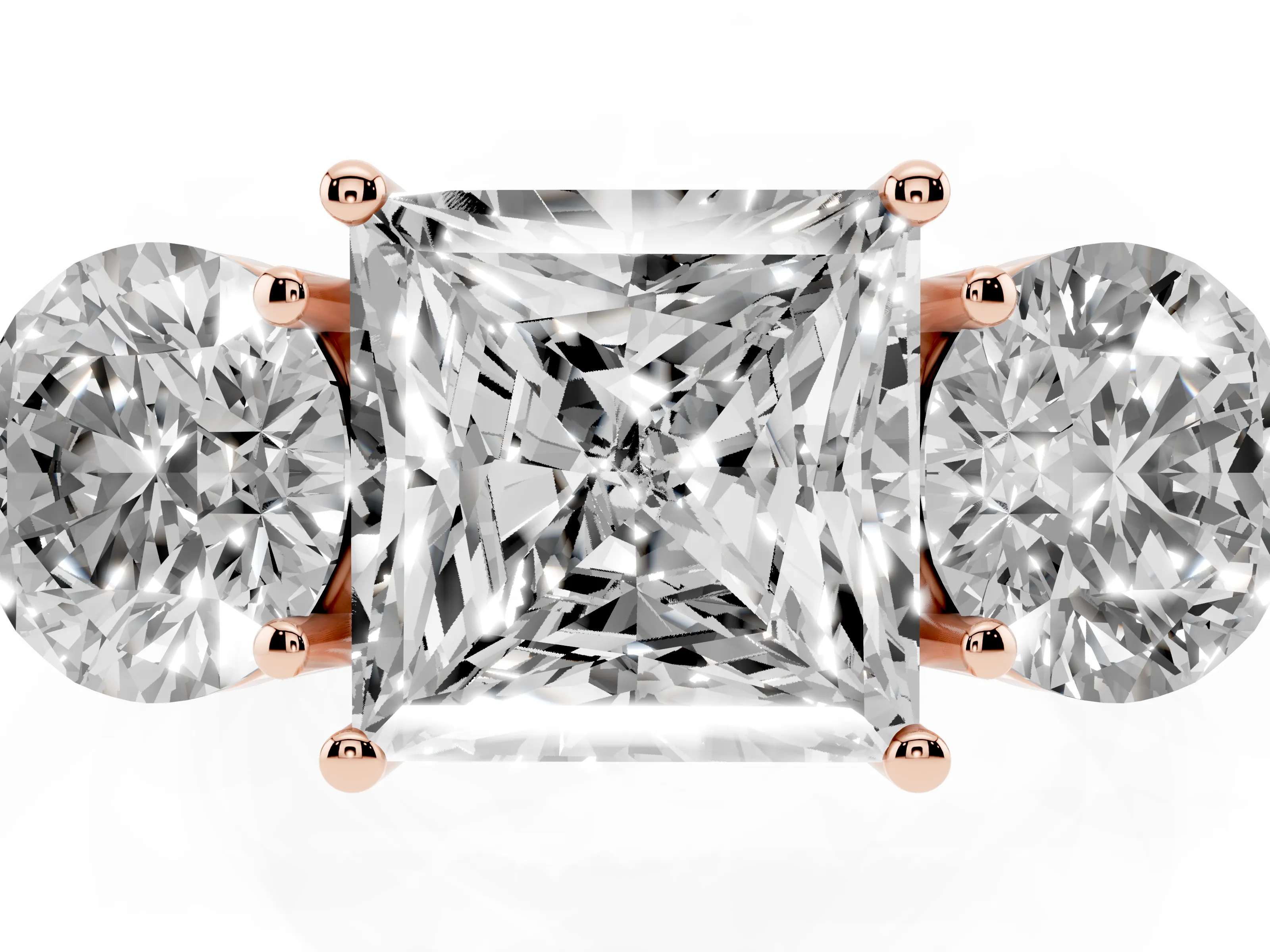 Princess Cut Diamond Three-Stone Ring Set in Rose gold with Prong Setting and Plain Band