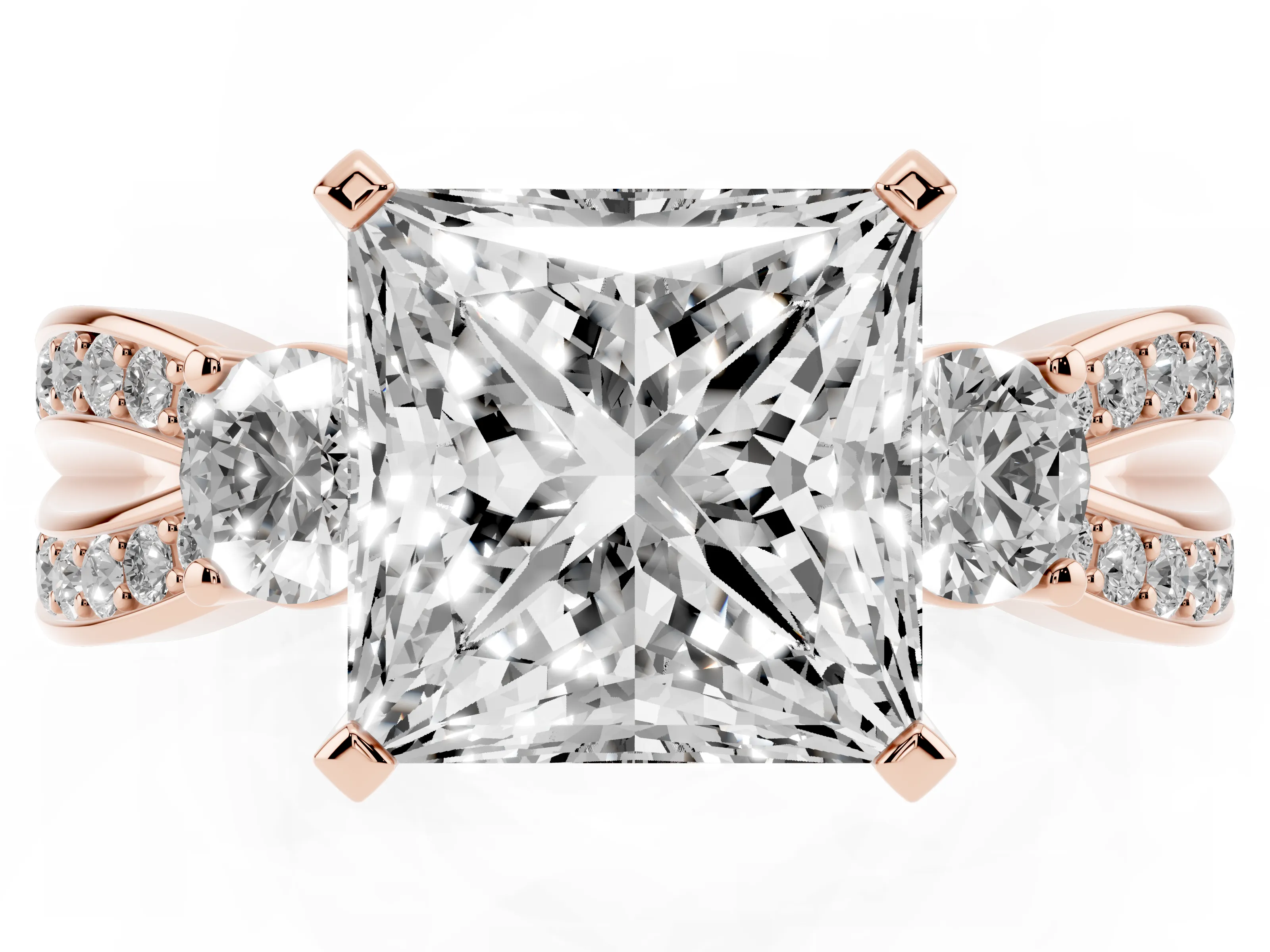 Three-Stone Princess Cut Diamond Twist Band Ring Set in Rose gold with Pavé Accents and Prong Setting
