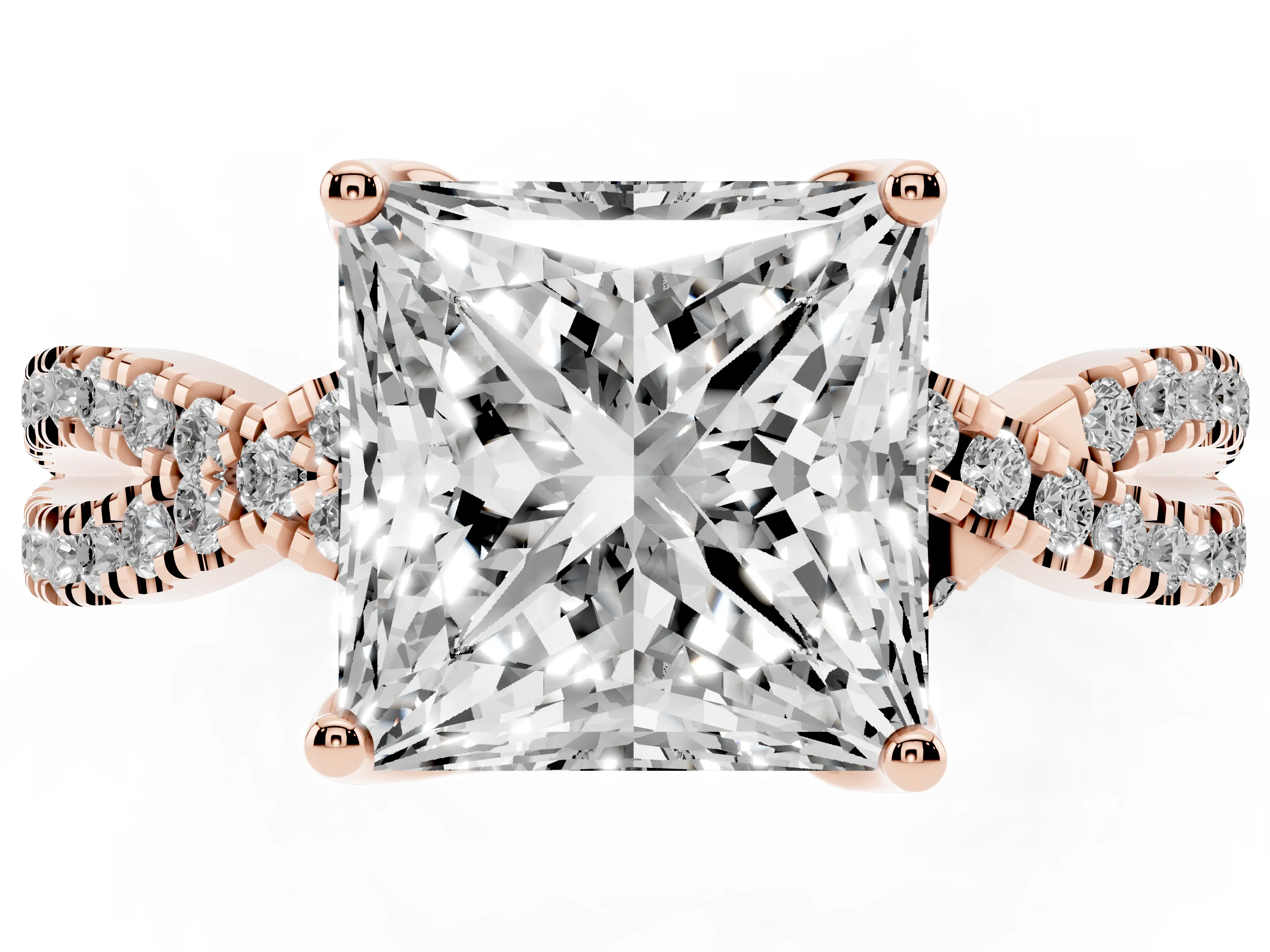 Princess Cut Diamond Twist Pavé Solitaire Engagement Ring Set in Rose gold with Prong Setting