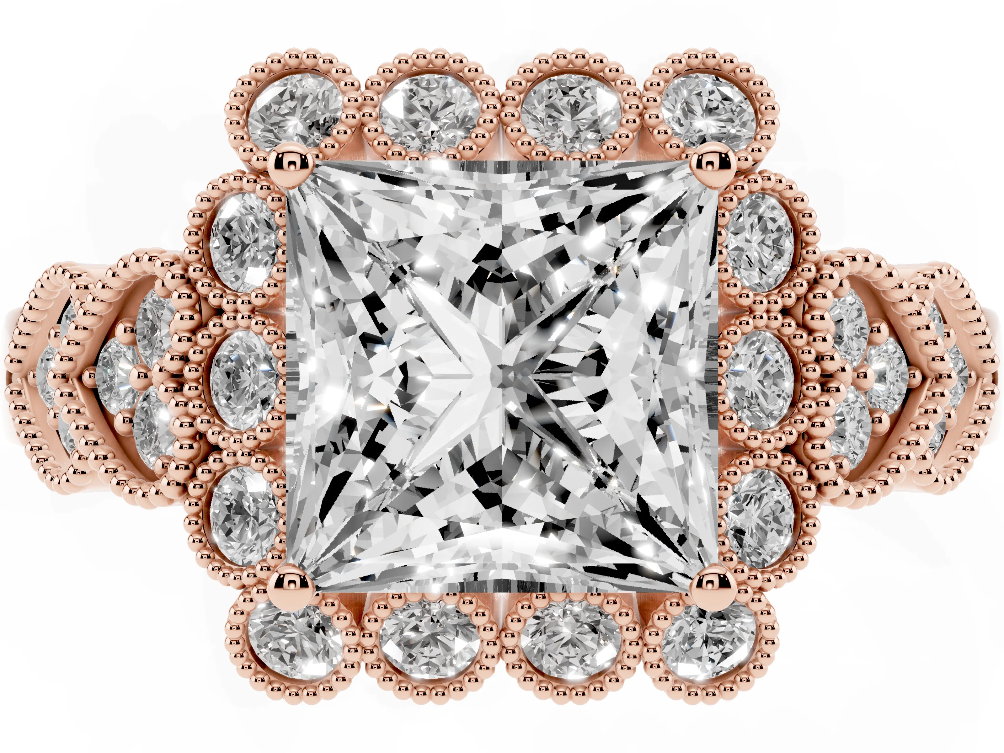 Princess Cut Diamond Solitaire Ring Set in Rose gold with Milgrain Pavé Heart Band