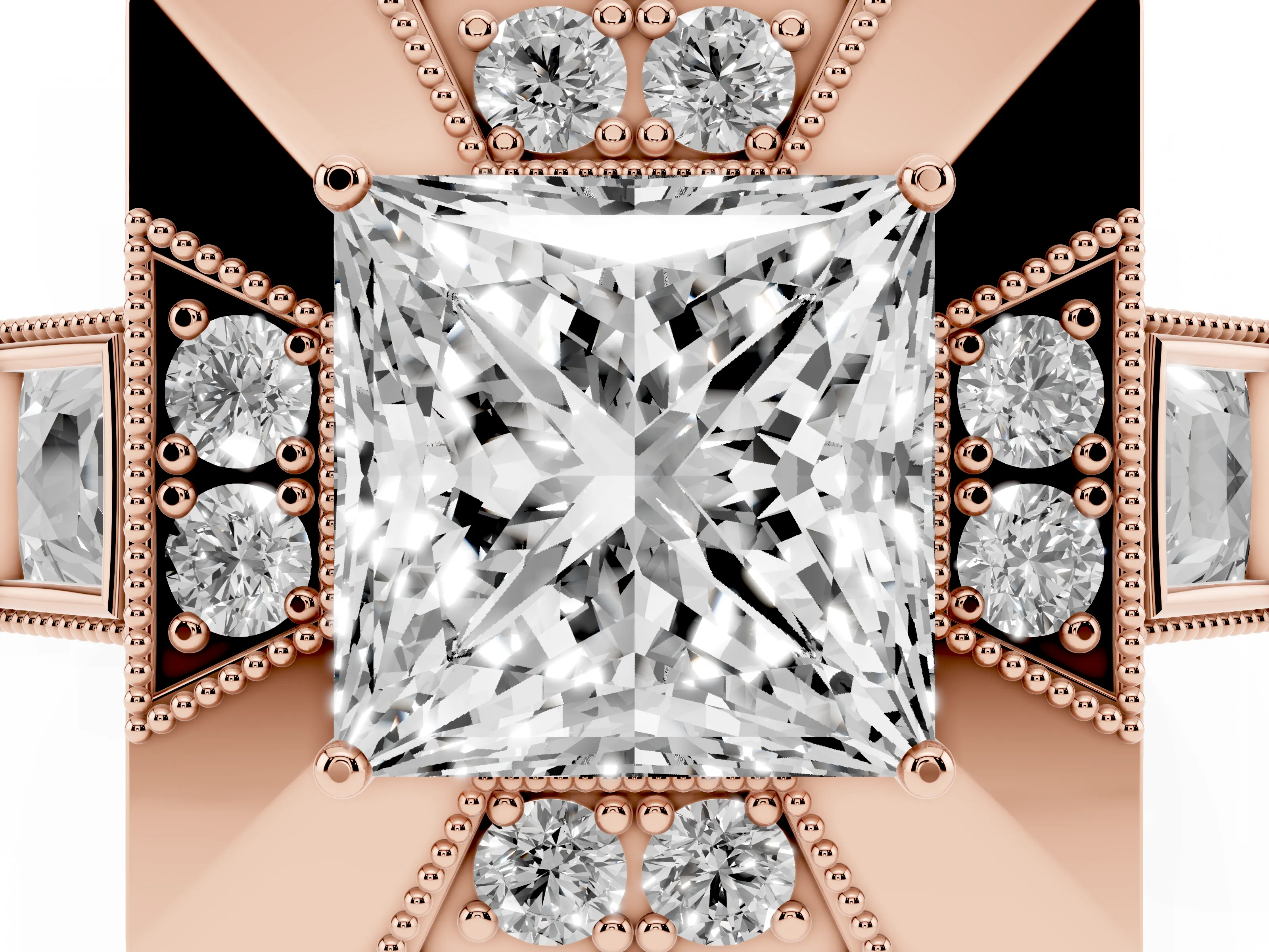 Princess Cut Diamond Milgrain Halo Ring Set in Rose gold with Split Shank