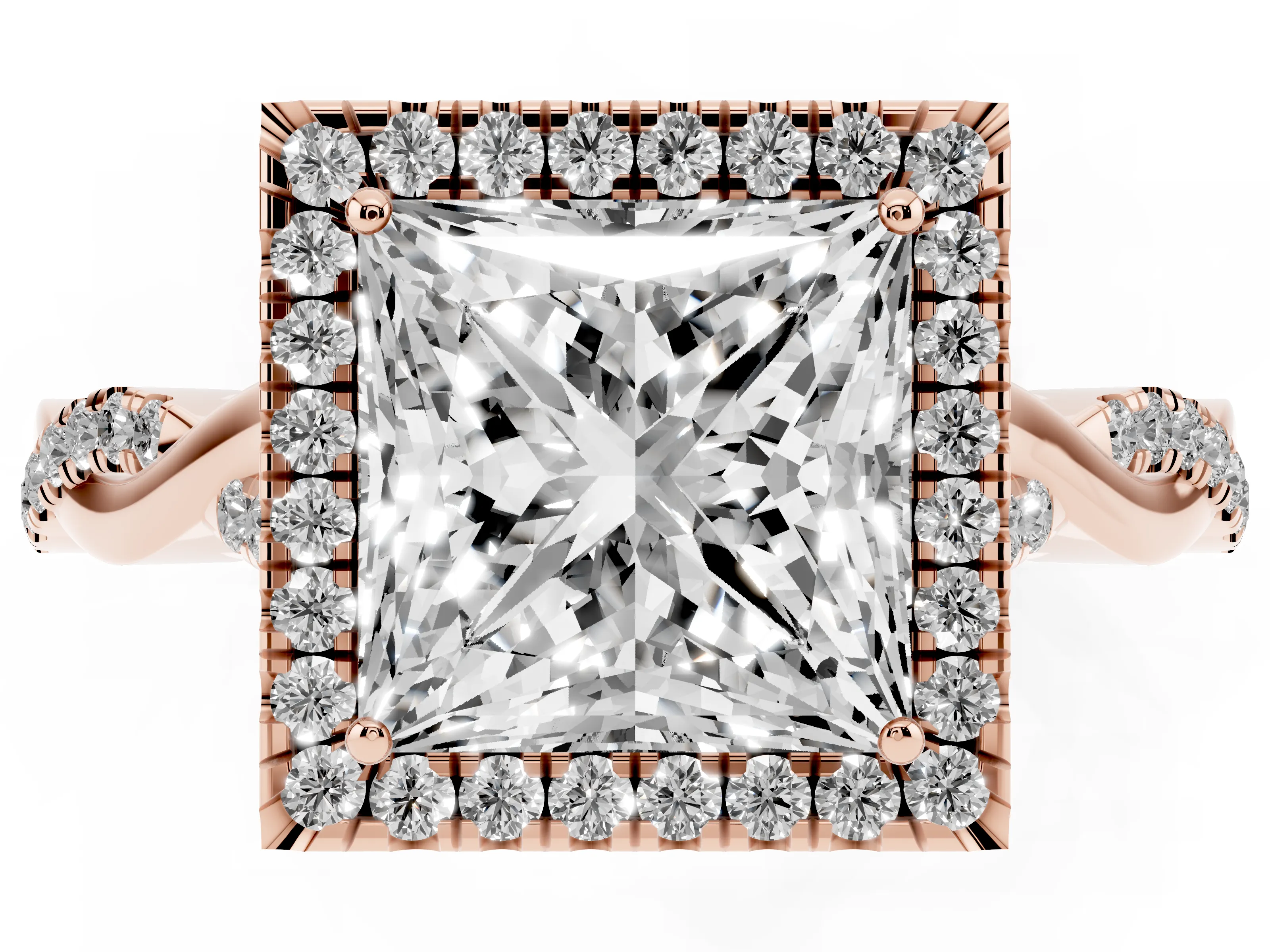 Princess Cut Diamond Halo Twist Band Solitaire Ring Set in Rose gold with Prong Setting