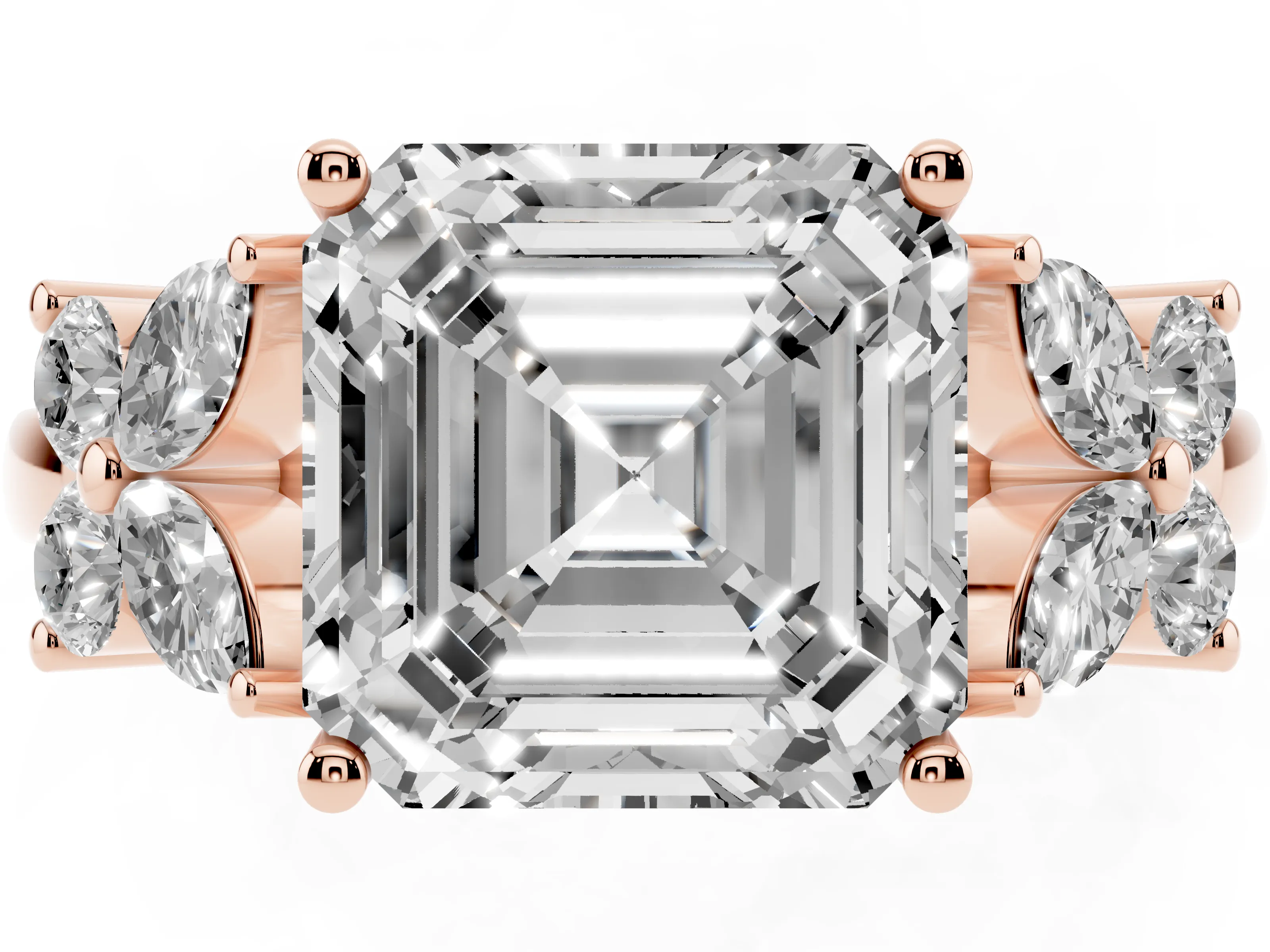 Princess Cut Diamond Floral Cluster Ring Set in Rose gold with Marquise Petals and Prong Setting
