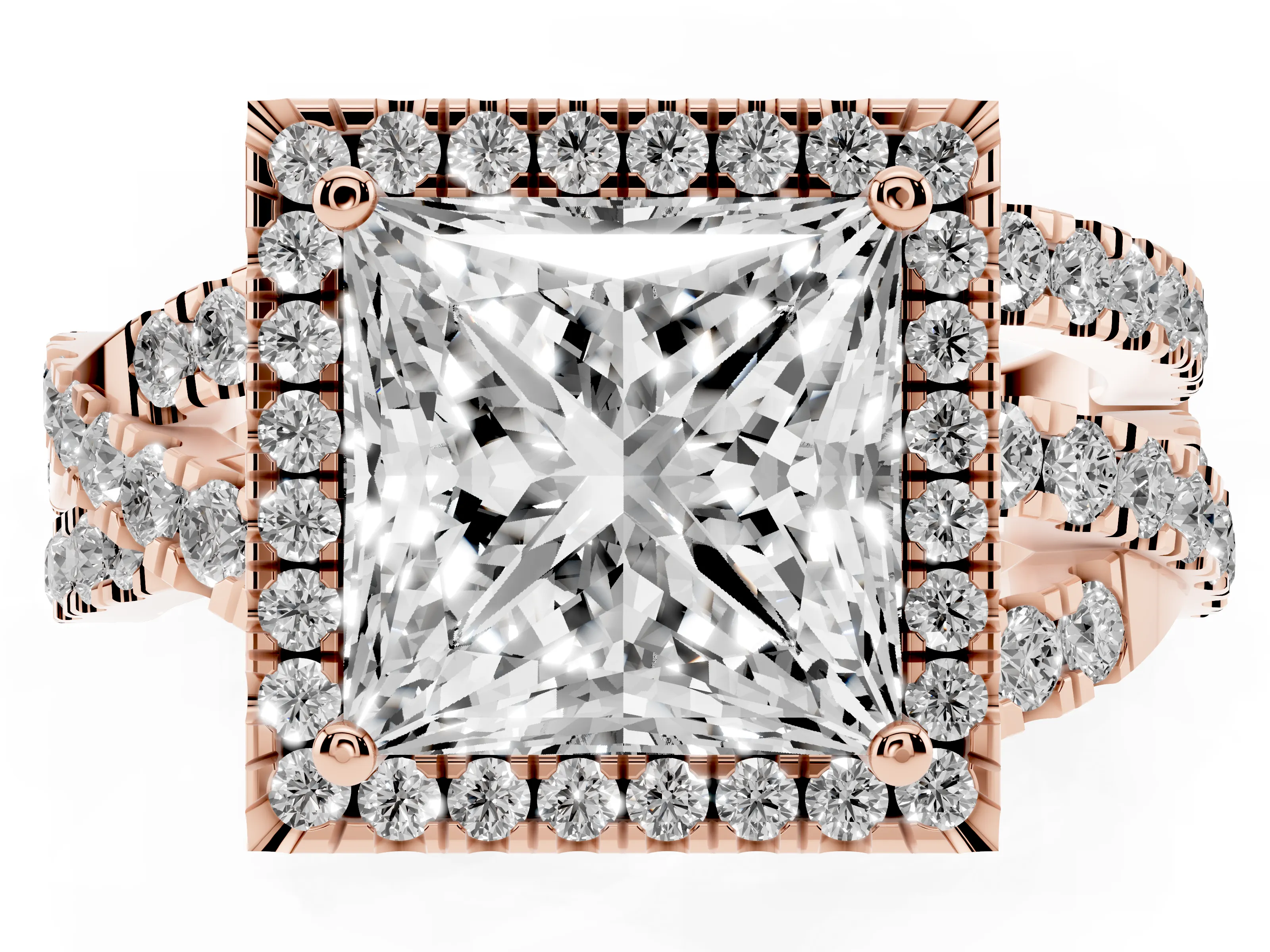Princess Cut Diamond Halo Ring Set in Rose gold with Round Crossover Split Shank and Prong Setting