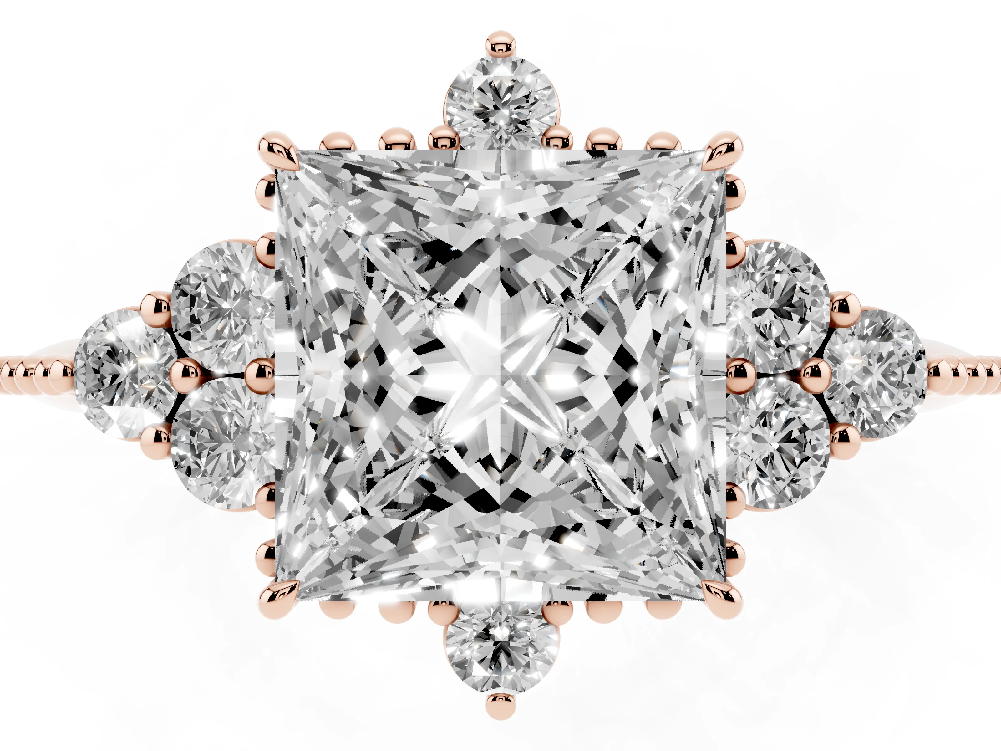 Princess Cut Diamond Cluster Ring Set in Rose gold with Beaded Band